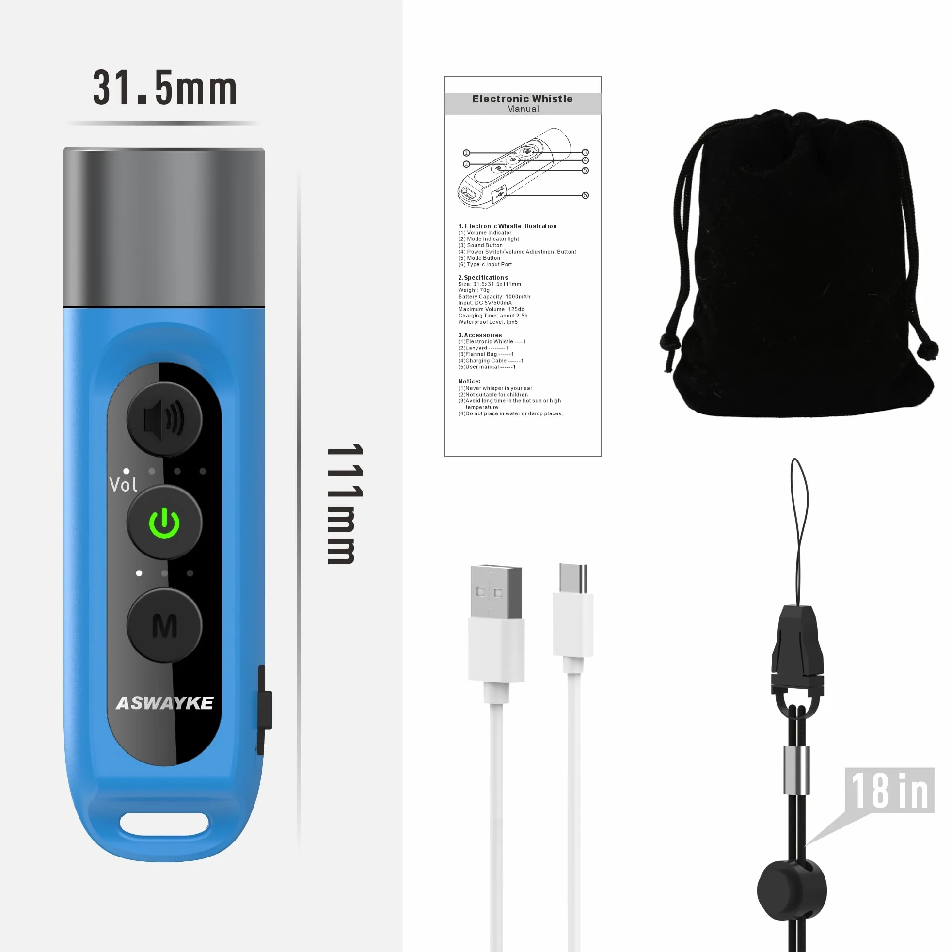 Silbato electrónico IPX5 máximo de Sonido 125db, batería de 1000 mAh para Entrenadores, Profesores, Silbato Deportivo