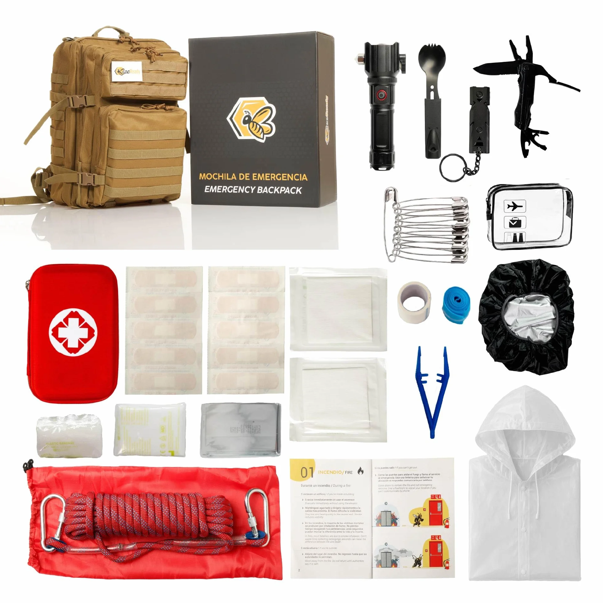 Kit Supervivencia Emergencia Completo – Mochila militar 45L, Linterna LED táctica, Botiquín de primeros auxilios, Cuchillo multiherramienta, Manta térmica– 25 piezas, 3 colores (Marrón)
