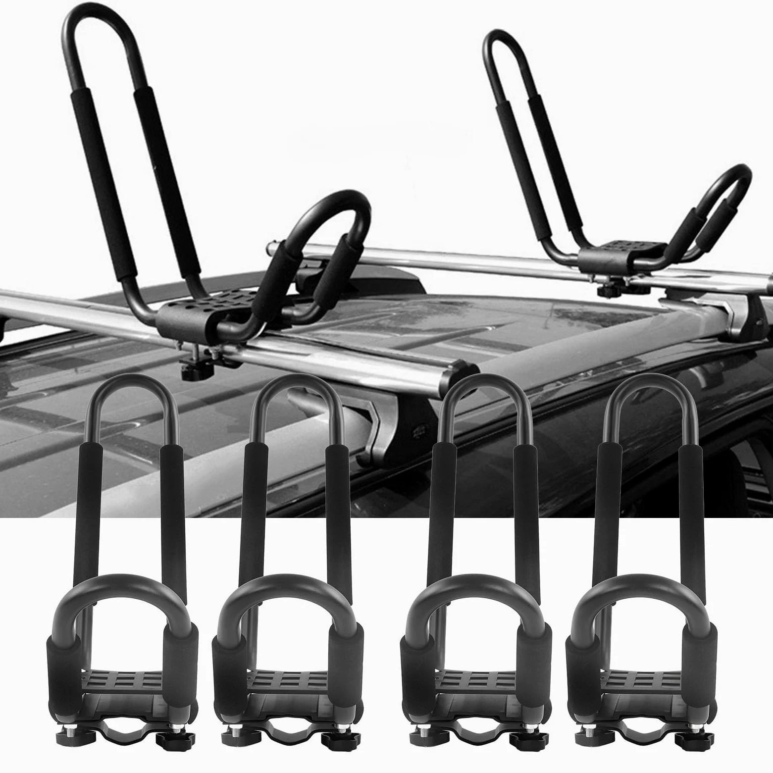 2 pares de barras de techo para kayak, soporte para kayak para coche, soporte para barco, soporte J Bar para canoa, tablas de remo, esquí, 68 kg, 150 kg