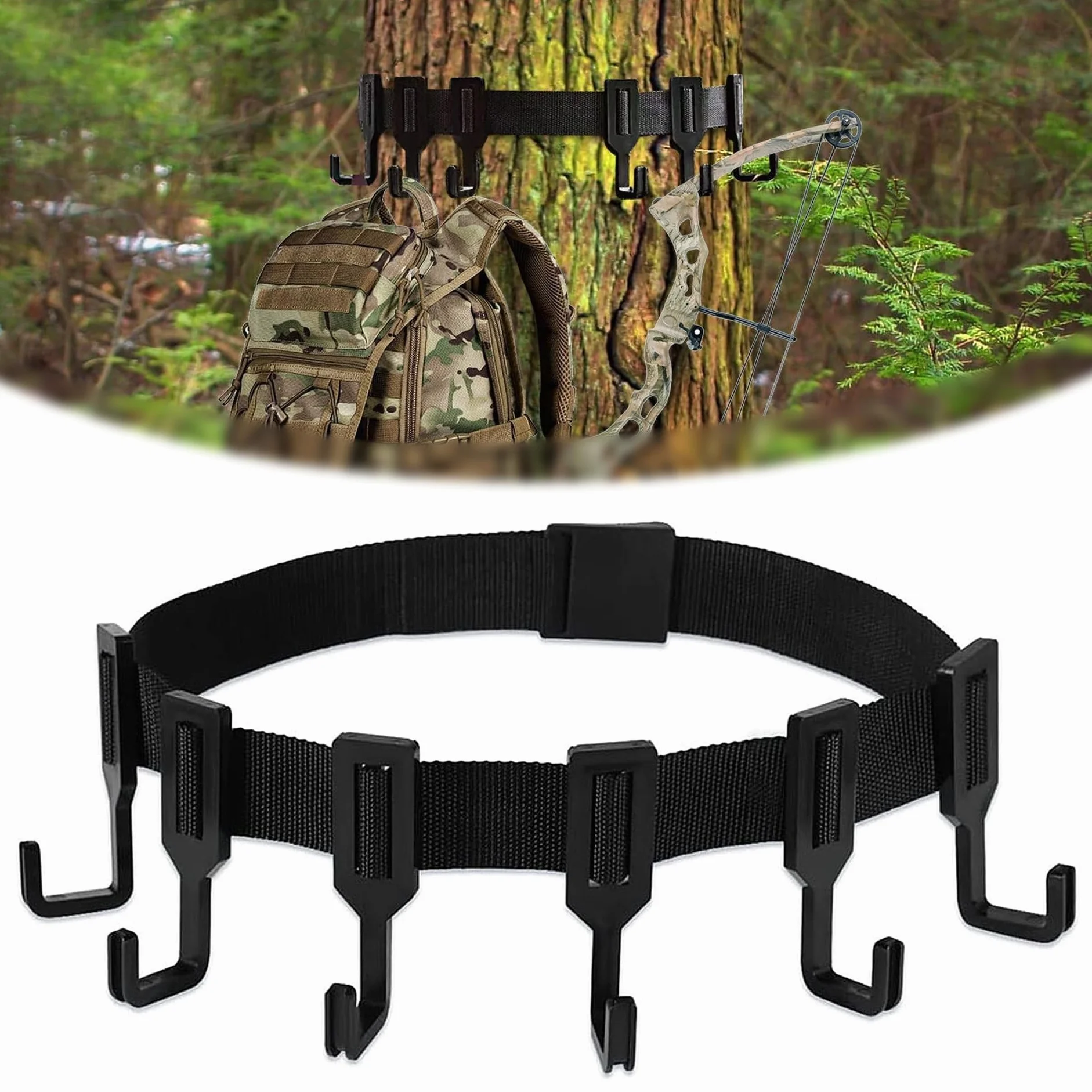 Colgadores para Árboles de Equipo de Caza, Negro Gancho con Correas de Trinquete, Soportes de Silla de Árbol Resistentes, Soporte para Árbol al Aire Libre para Caza (1 Correa con 6 Ganchos)