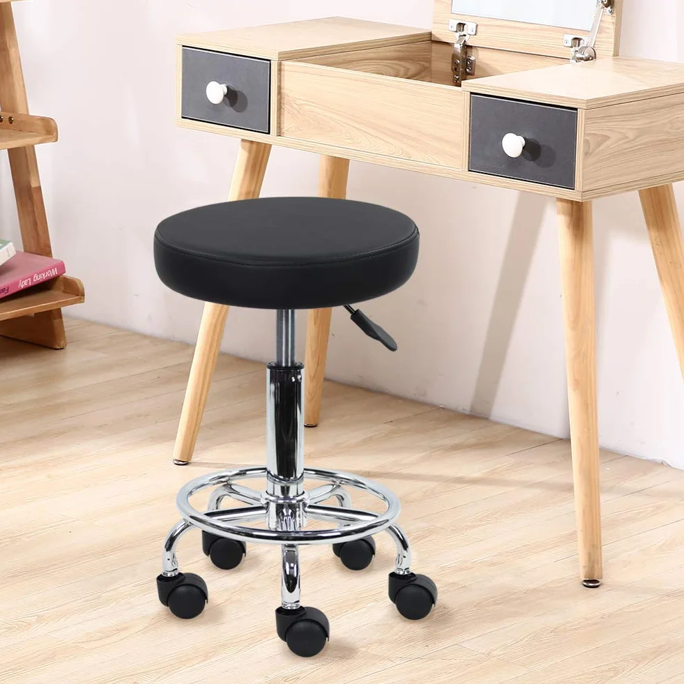 KKTONER Taburete Redondo de Cuero PU Giratorio Ajuste de Altura SPA Salón Silla de Trabajo (Black)