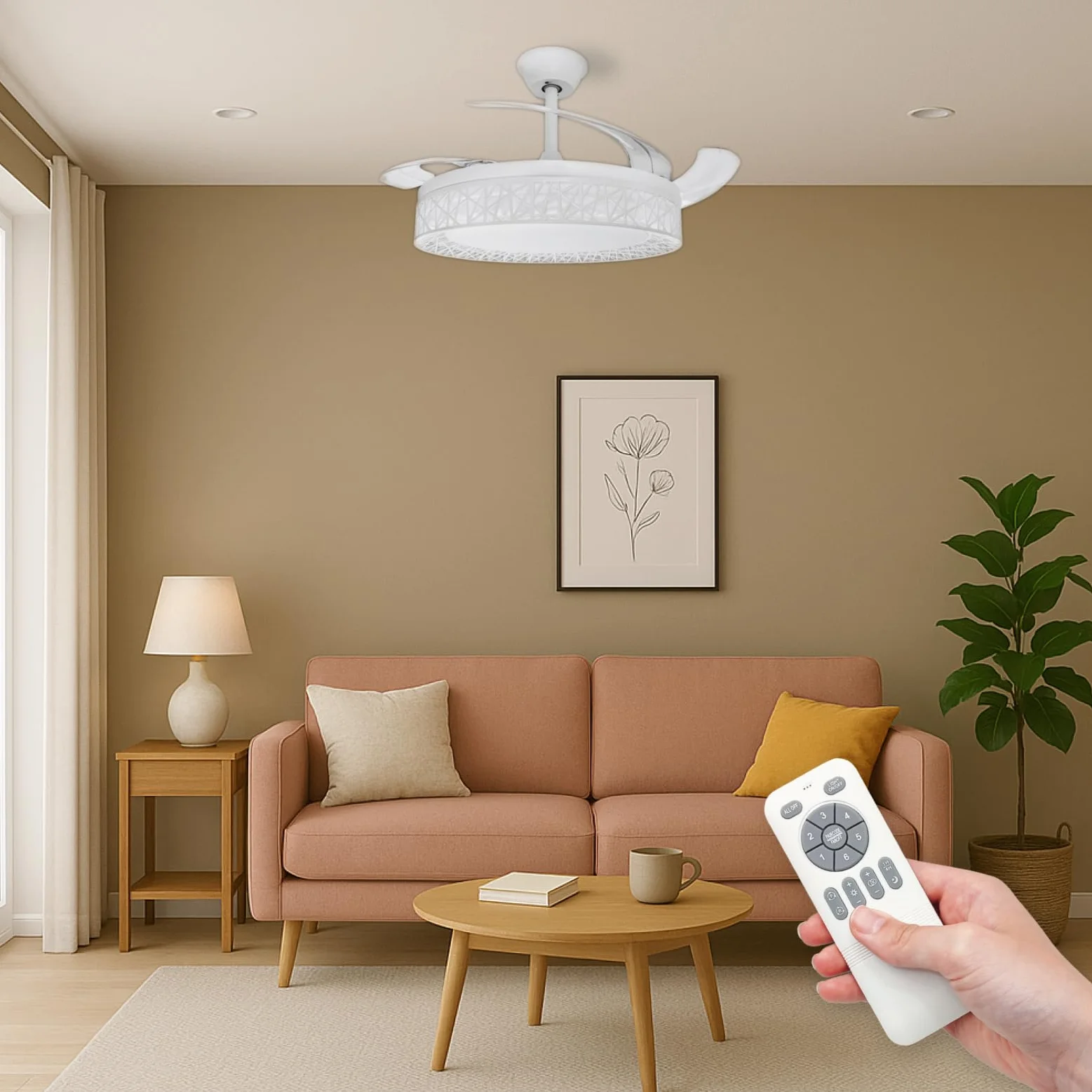 LED ATOMANT Ventilador de Techo con Luz LED 40W, Motor DC 32W, Ø 109cm, 4100LM, 4 Aspas Retractiles, 6 Velocidades, Modo Verano Invierno, Mando