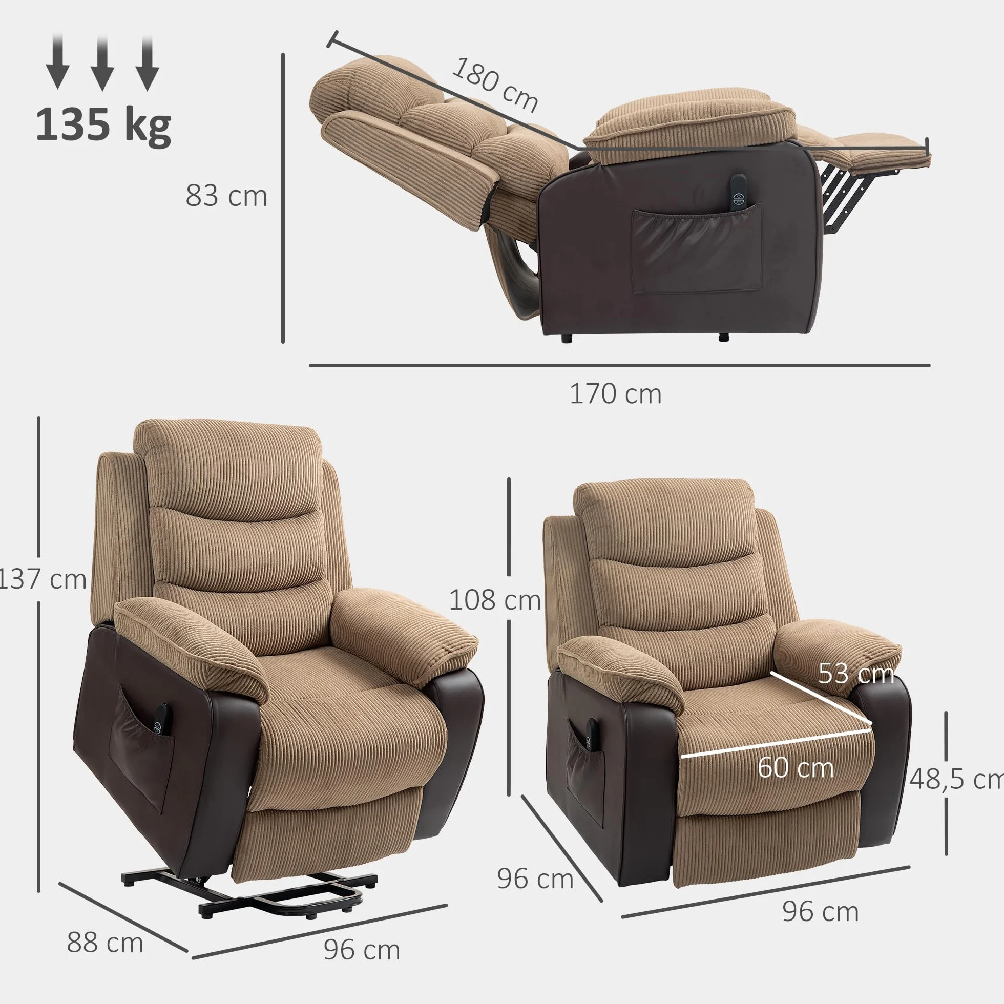 HOMCOM Sillón Relax Reclinable Eléctrico Levanta Personas, Sillón Elevador, con Puerto USB, Control Remoto, Marrón