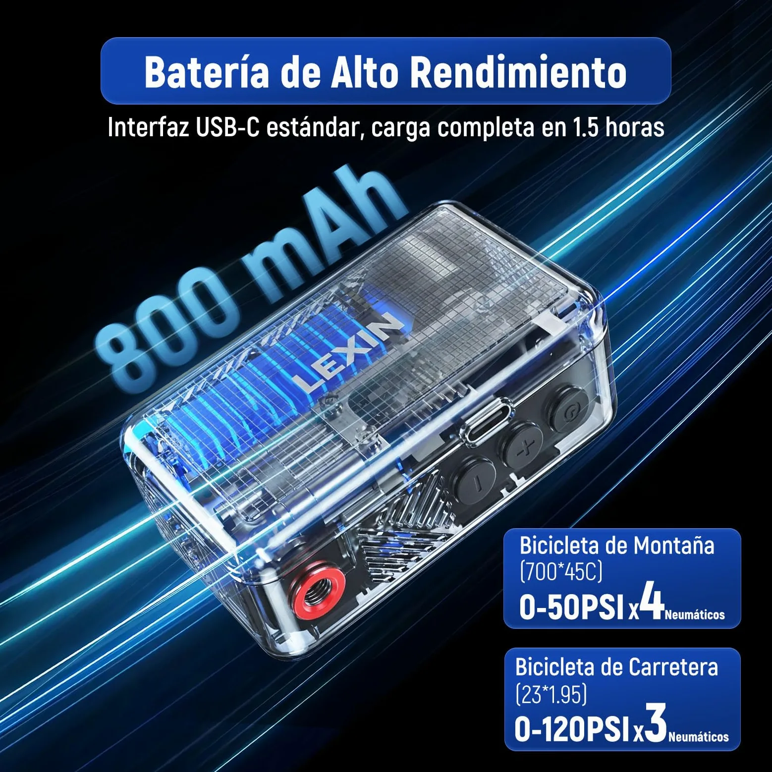LEXIN P2 Mini Bomba para Bicicleta, 130 PSI, Ultra-Ligero, Pantalla LCD | Compresor Portátil para Bicicleta con Batería 700mAh, Válvulas Presta y Schrader, para Bicicleta/Moto/Bola/Scooter