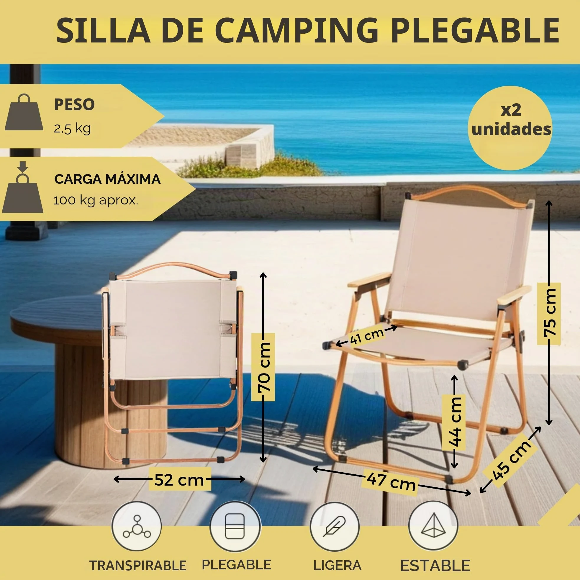 MAGIC SELECT 2 Ud Silla Camping Plegable Aluminio | Silla Picnic Metálica, Para Playa, Glamping, Jardín, Barbacoa, Para Viajes, Excursión, Río, Cualquier Terreno, 75x45x47cm