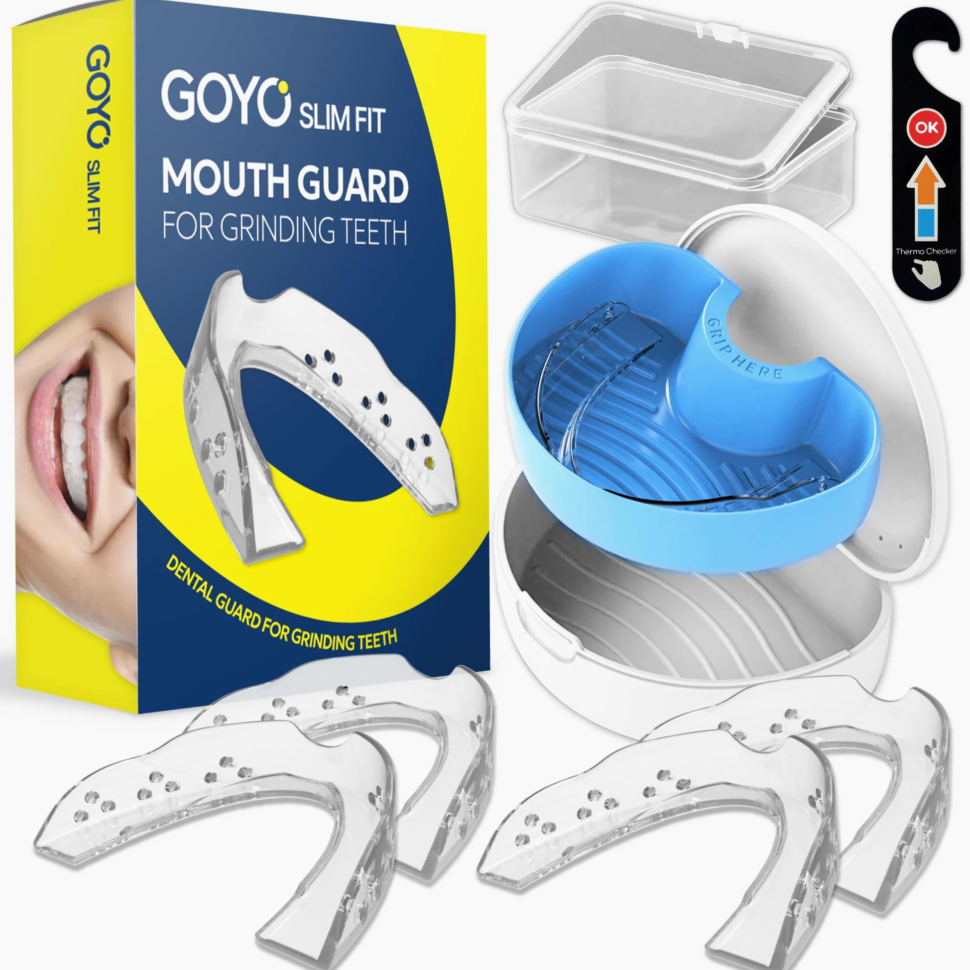 GOYO Slim Fit - Paquete de 4 protectores bucales para apretar los dientes por la noche con verificador térmico y funda dental, protectores nocturnos para rechinar los dientes, ajuste personalizado y