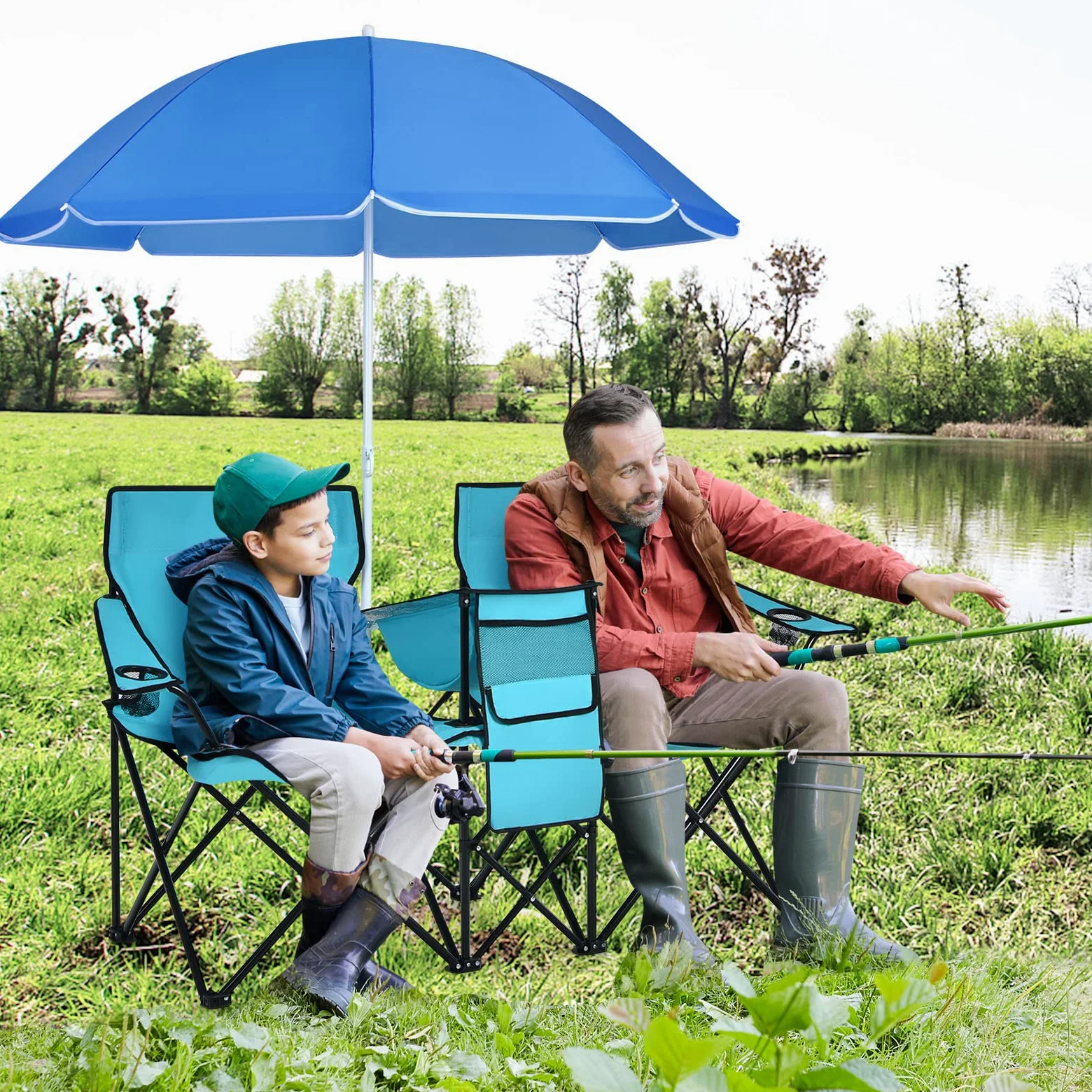 COSTWAY 2 Sillas de Camping con Sombrilla, Sillas Playas Plegables Doble, Portavasos, Bolsa Nevera, Bolsilla Lateral, Bolsa de Transporte, Exterior Picnic Senderismo Barbacoa, 160x56x178cm (Verde)