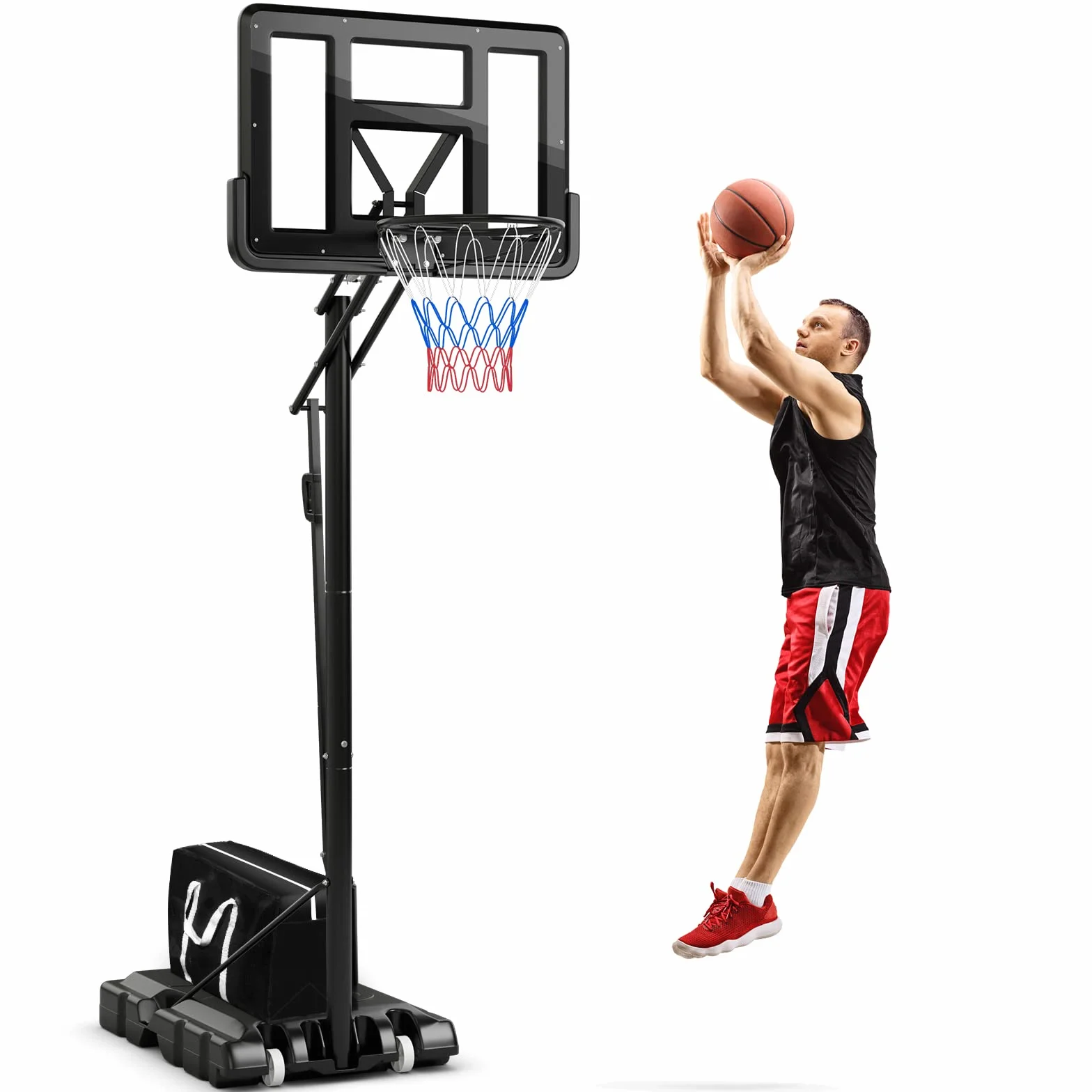GOPLUS Canasta de Baloncesto Portátil Altura Ajustable 245-305 cm Base Rellenable Exteriores Interiores