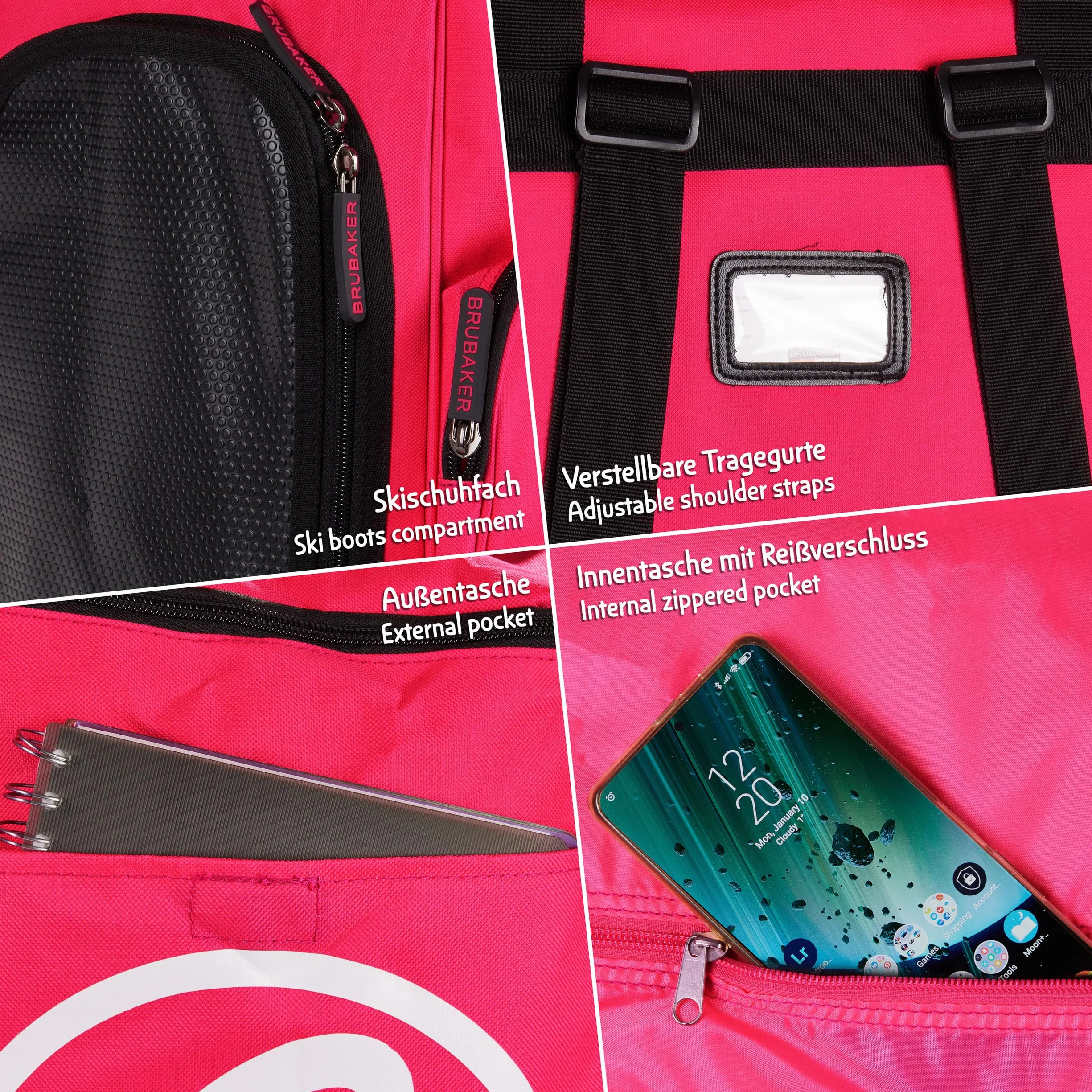BRUBAKER Super Champion 2.0 Bolso para Deporte Mochila Porta Botas De Esquí Rosa Blanco