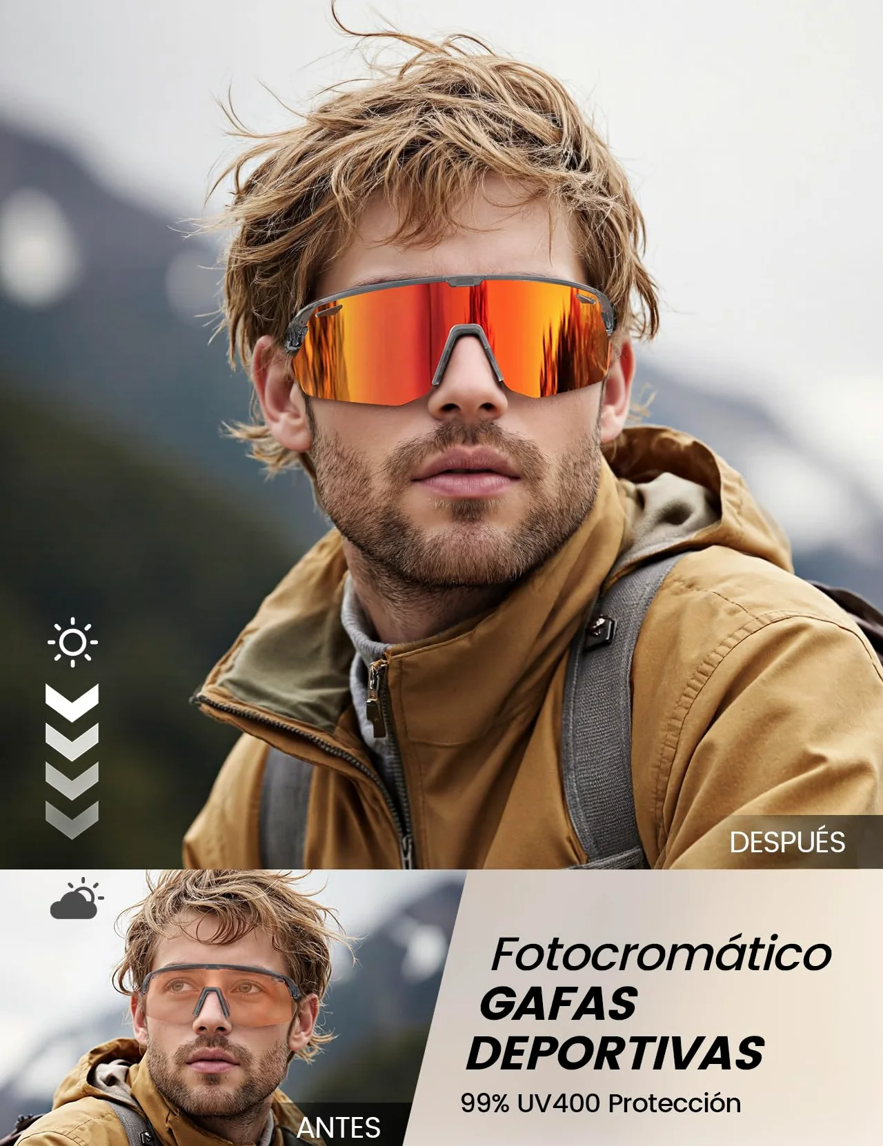 Lamicall Fotocromáticas Gafas Sol Ciclismo Hombre, Gafas de Sol Deportivas | 3S Fotocromática, 28g Ultraligero-TR90, UV400 Protección, Almohadilla Nasal Ajustable, Gafas para Pesca/Running/Senderismo