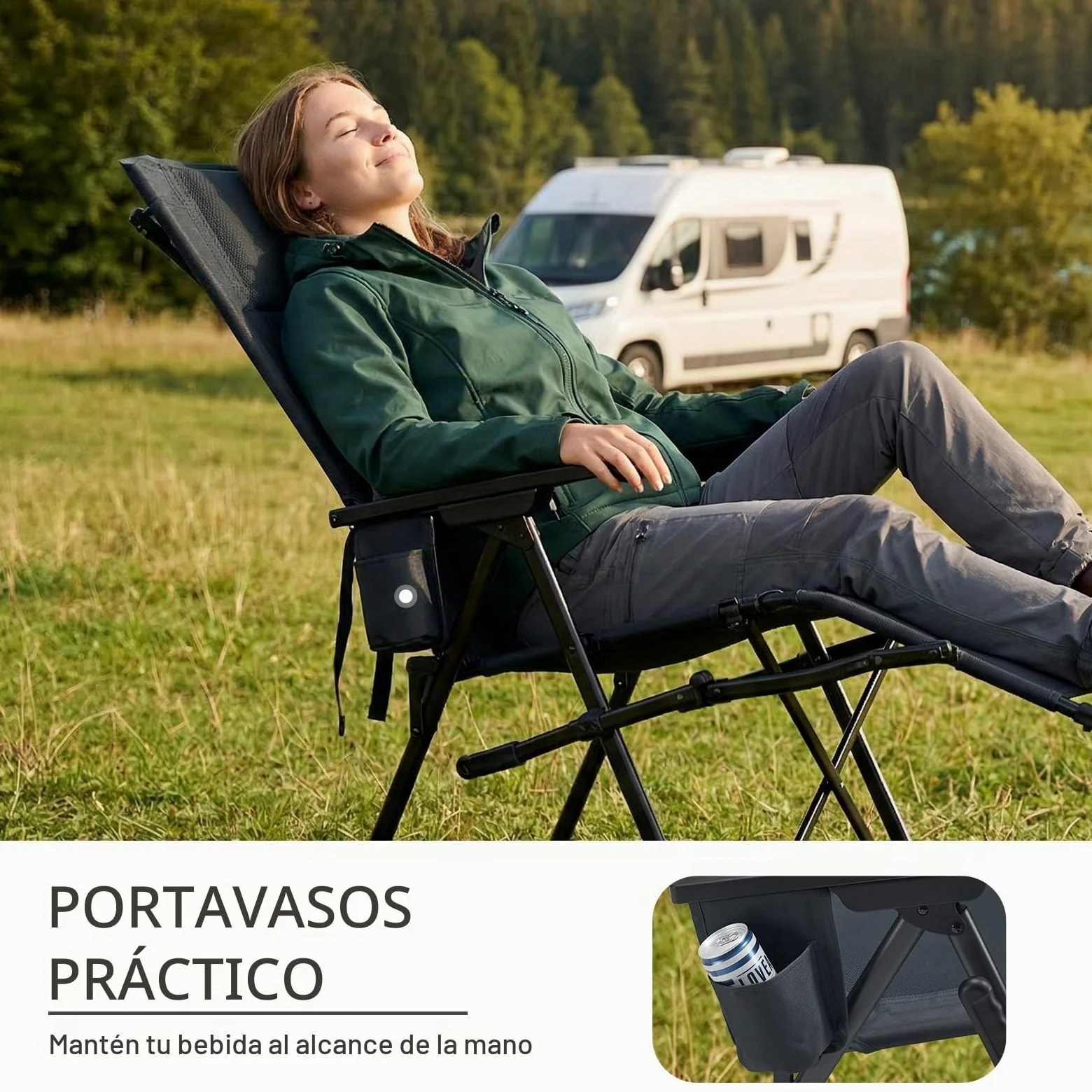 TIMBER RIDGE Silla de camping plegable en 4 posiciones, respaldo ajustable con reposapiés, asiento acolchado plegable, 150 kg, tumbona de jardín para camping, jardín, balcón, autocaravana