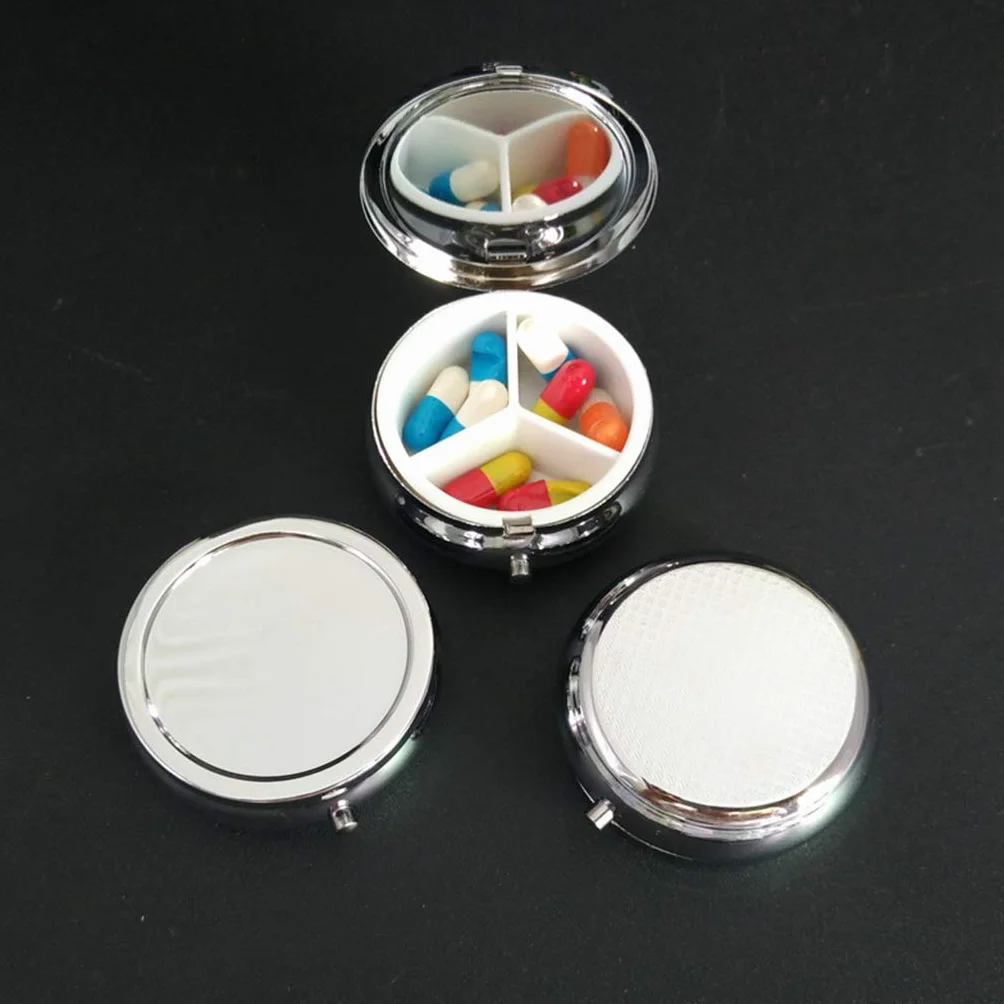 Pastillero Metalico Pequeño Redondo 3 Compartimentos Portátil con Espejo Caja Medicamentos Impermeable Organizador