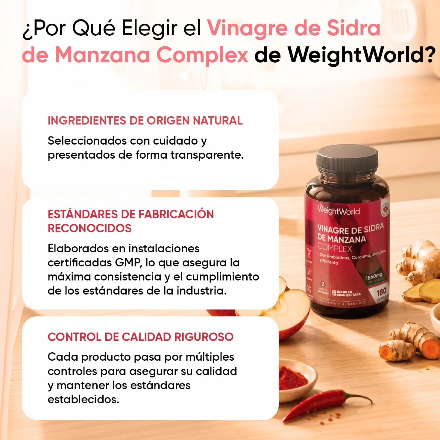 Vinagre de Sidra de Manzana 1860 mg - 180 Cápsulas con Probióticos, Cúrcuma, Jengibre y Pimienta de Cayena - Suplemento Vegano Sin OGM Sin Gluten