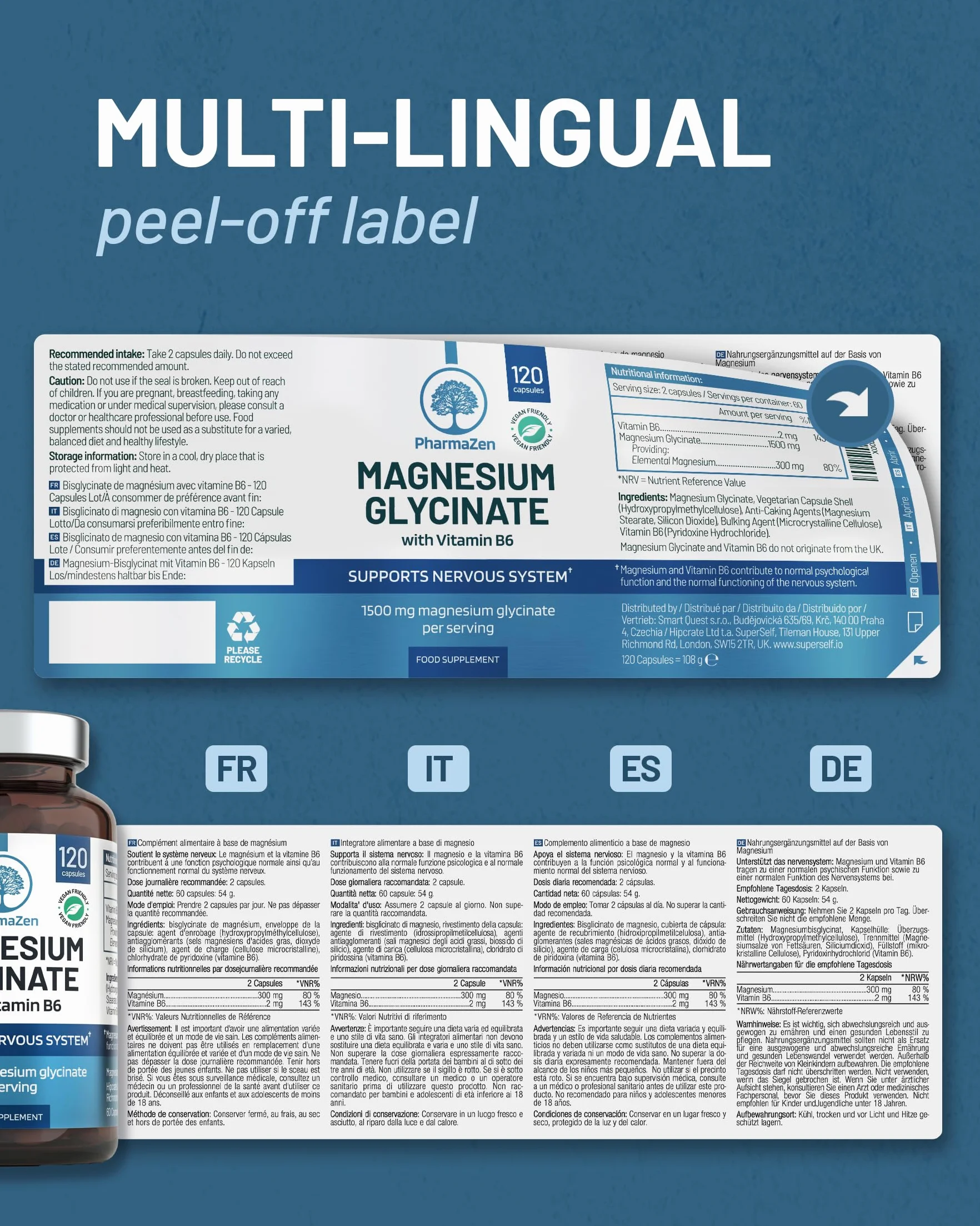 Bisglicinato de Magnesio 1500 mg 300 mg Magnesio Puro con Vitamina B6 Glicinato Quelado 120 Cápsulas Veganas PharmaZen