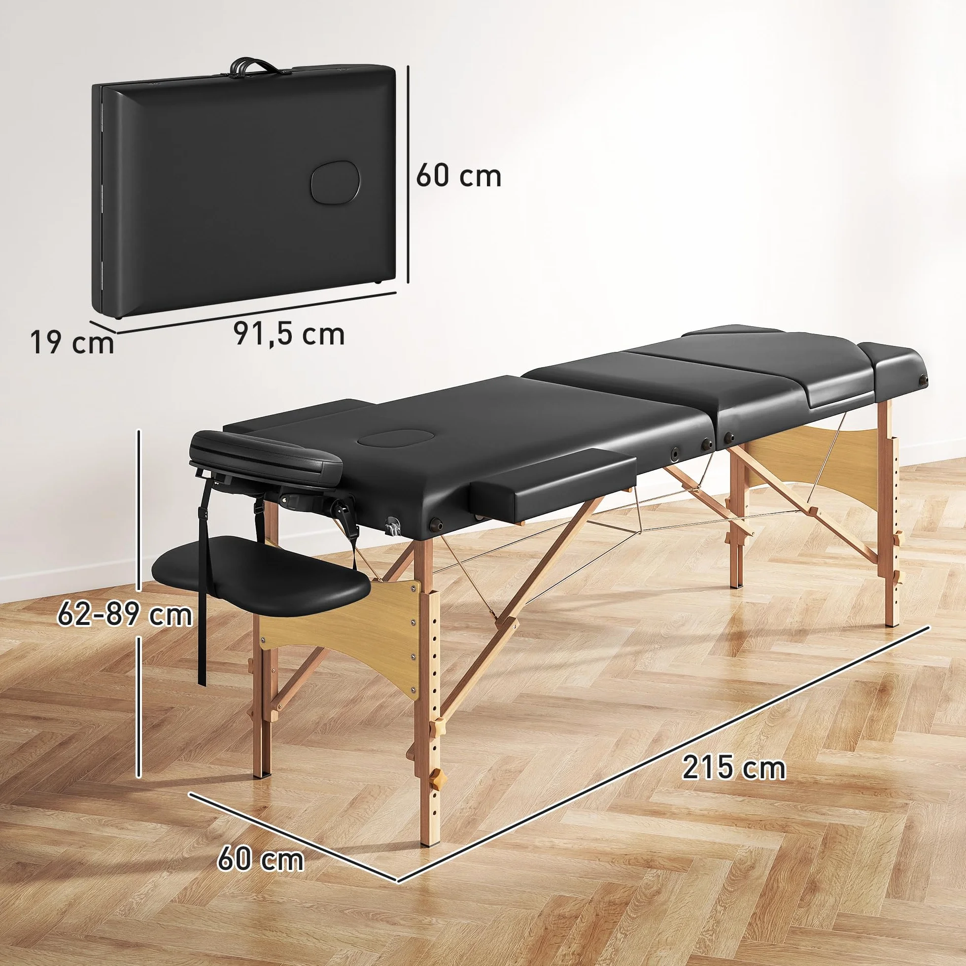 HOMCOM Camilla Masaje Plegable Portátil 3 Zonas Madera Altura Ajustable Reposacabezas Reposabrazos Acolchados SPA Tatuajes 215x60x62-89 cm Negro