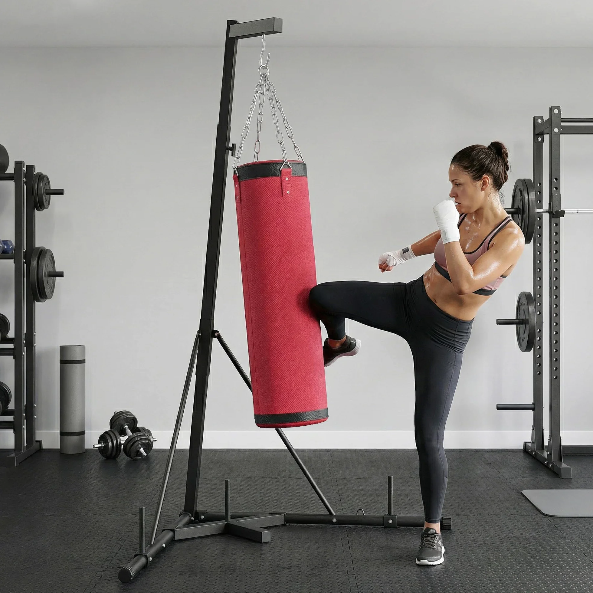 SPORTNOW Soporte para Saco de Boxeo de Pie de Acero, Soporte para Bolsa de Boxeo con Altura Ajustable 175–220 cm y 185–231 cm, Base Pesada y Bolsa de Arena, Entrenamiento para MMA, Gimnasio en Casa