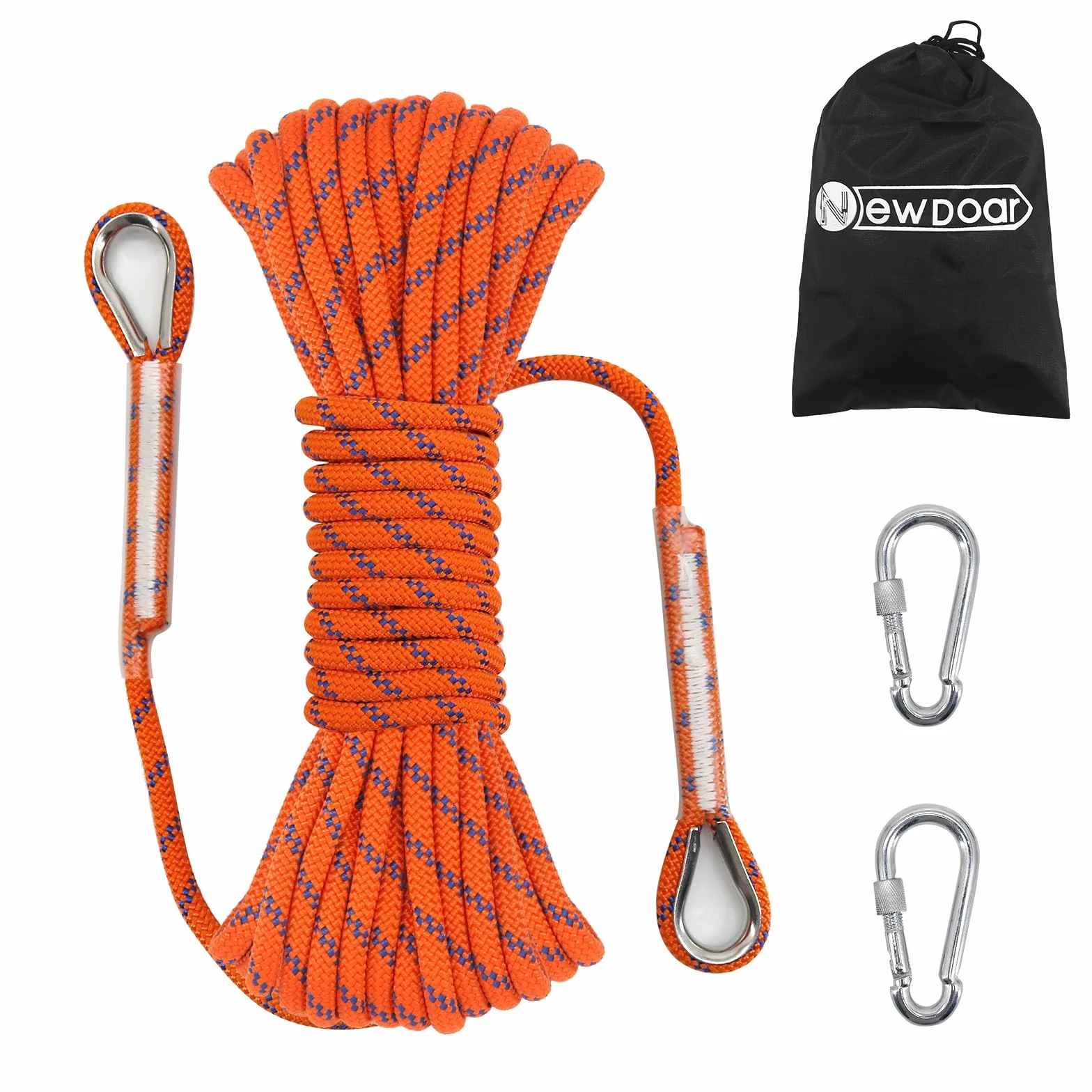 NewDoar 14KN - Cuerda de Escalada estática (8 mm, Cuerda para Equipo, 10 m, 20 m, 30 m, 50 m, Cuerda de evacuación con 2 mosquetones para Escalada en Hielo, Cuerda de Rescate contra Incendios,