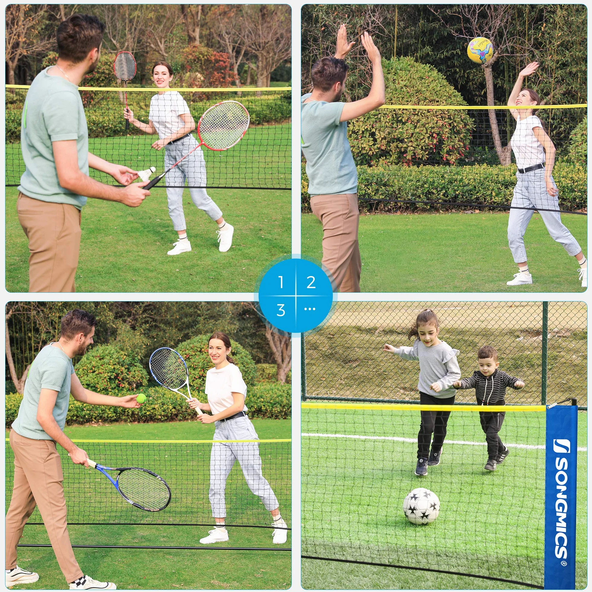 SONGMICS Red de Bádminton 4m, Voleibol, Poste Ajustable, Juego Portátil, Azul y Amarillo