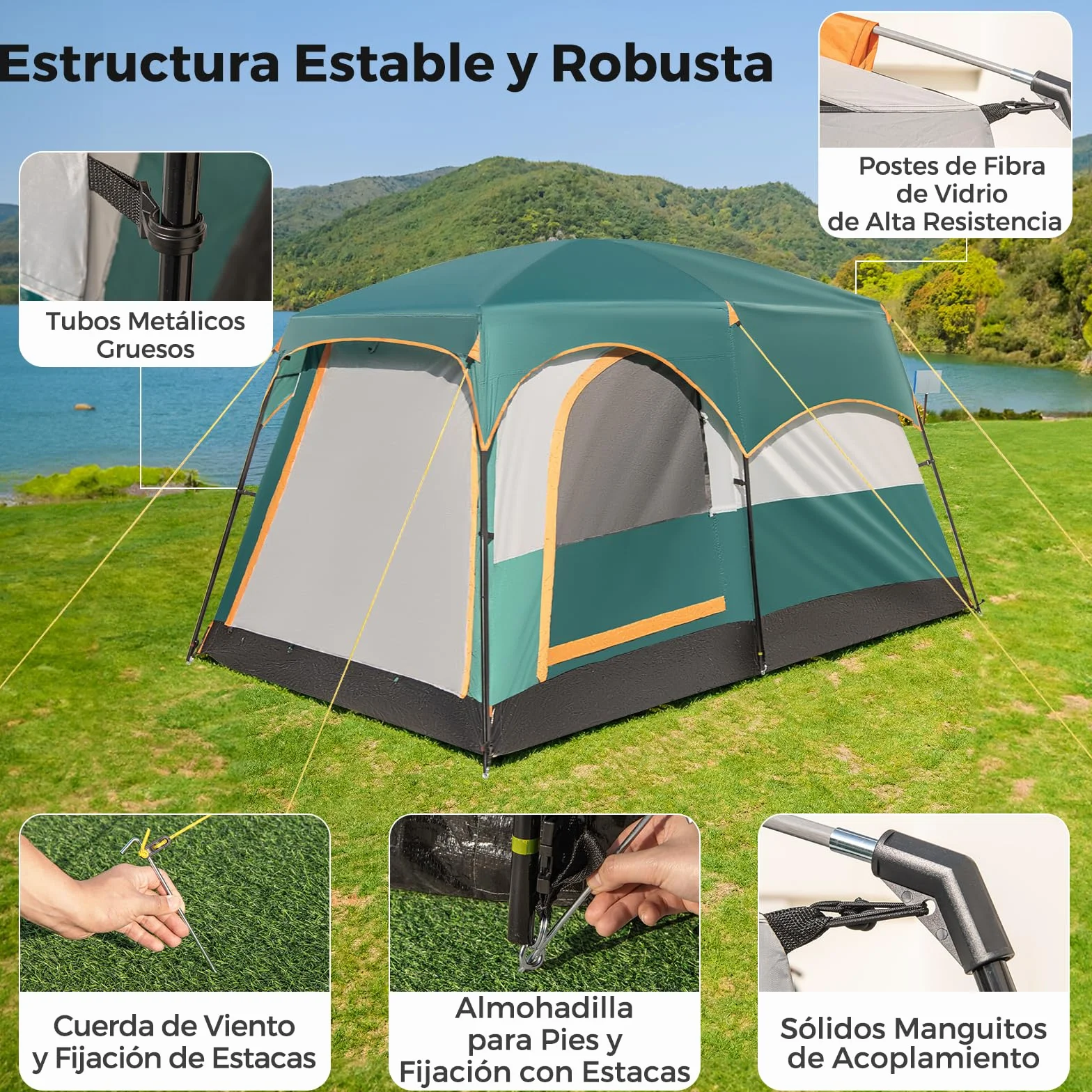 COSTWAY Tienda de Campaña para 6 Personas 2 Habitaciones Impermeable Resistente al Viento Lona PE Ventanas de Malla Bolsa de Transporte