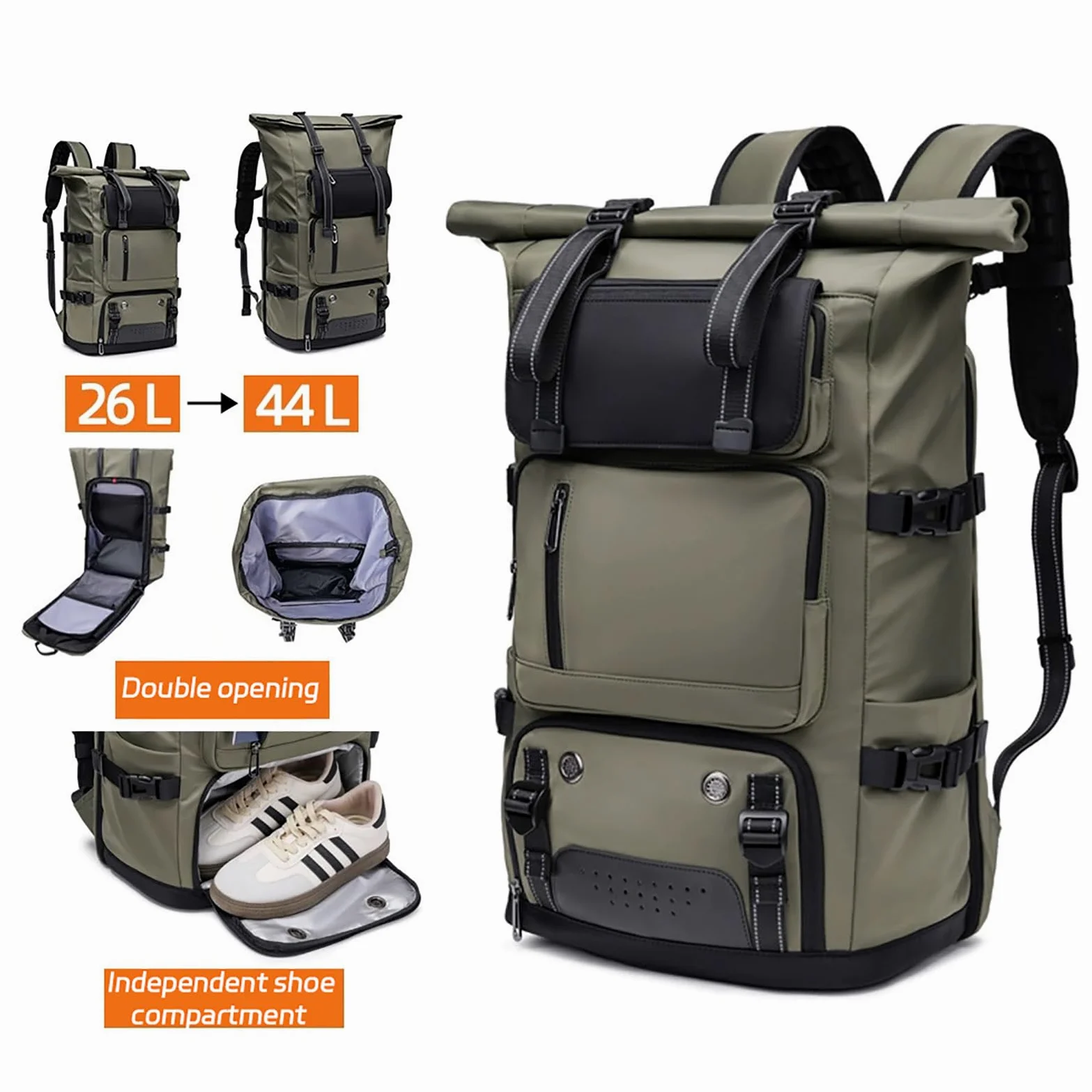 TY&WJ Mochila De Senderismo 40L Rolltop Impermeable, Mochila De Viaje con Compartimento para Portátil De 15.6 Pulgadas, Mochila De Trekking Camping Multiusos
