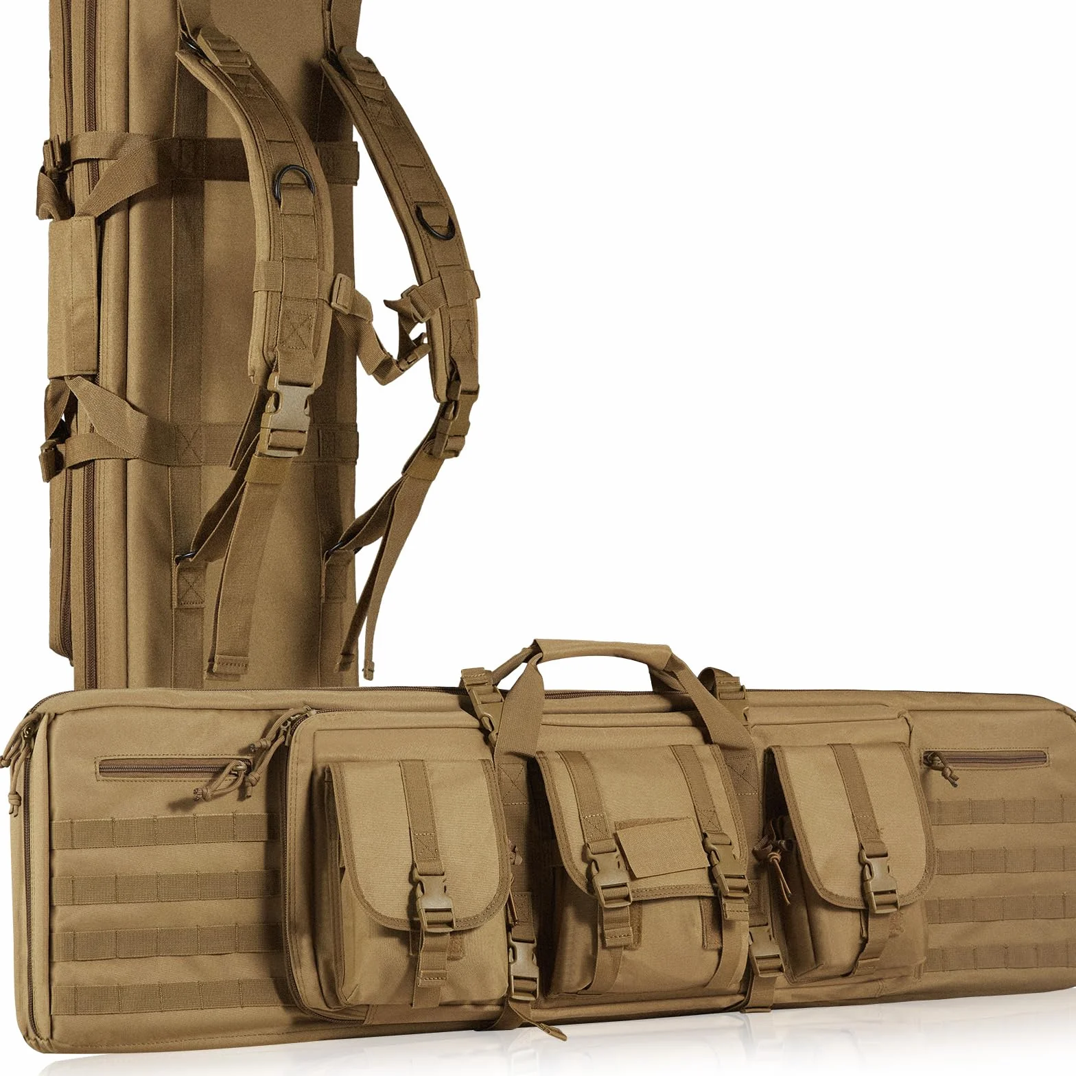 VEVOR Estuche para Rifle Bolsa Táctica Larga para Transporte de Armas 91 cm con Sistema MOLLE Funda para Rifle con Correa para Hombro Cremallera con Cerradura para 2 Rifles 86 cm y 2 Pistolas, Marrón