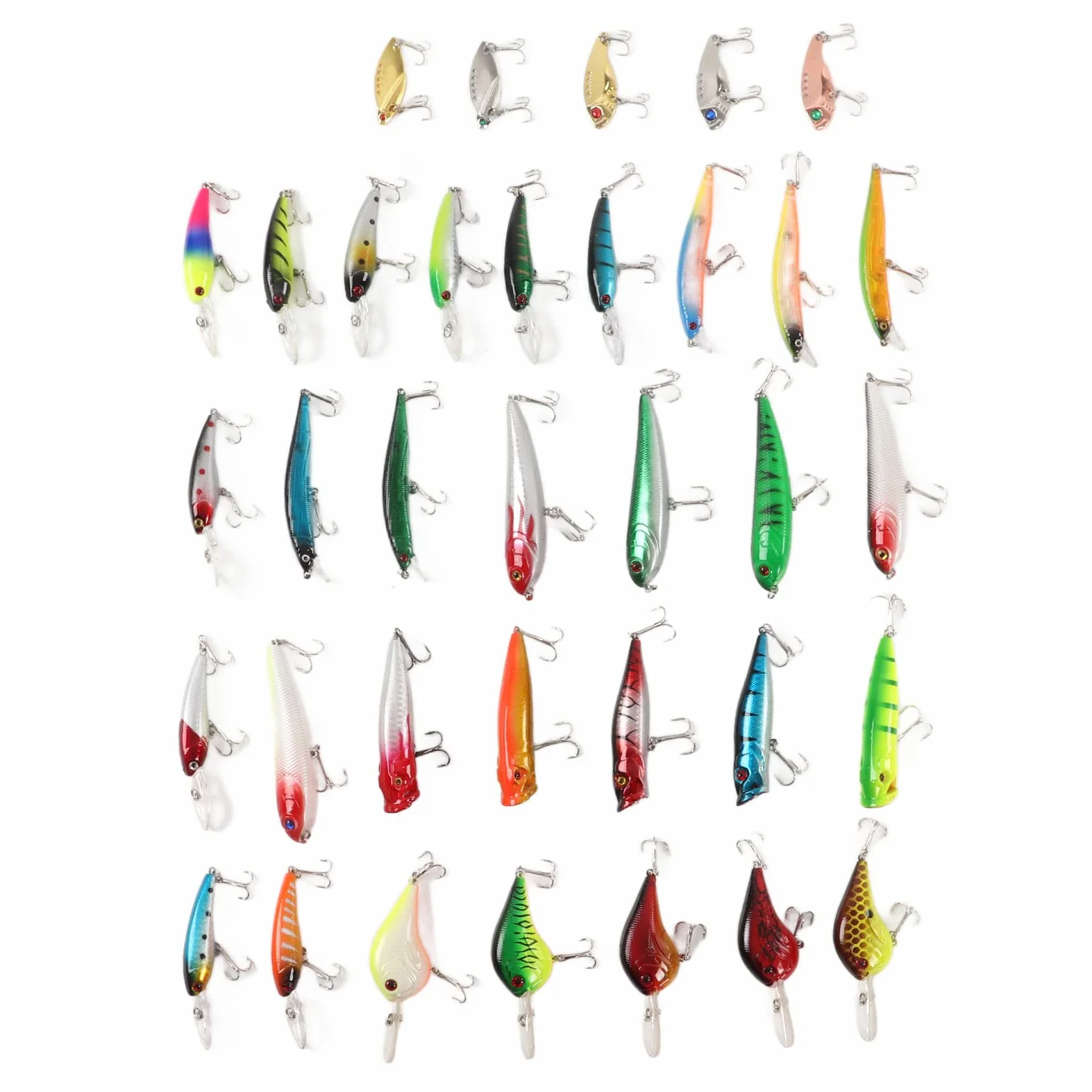 Cebo Artificial Duro, Kit 35 Piezas Señuelos Minnow Mezclados, Material Resistente, Aplicación Agua Dulce y Salada, Para Pesca en Barco, Lago, Río