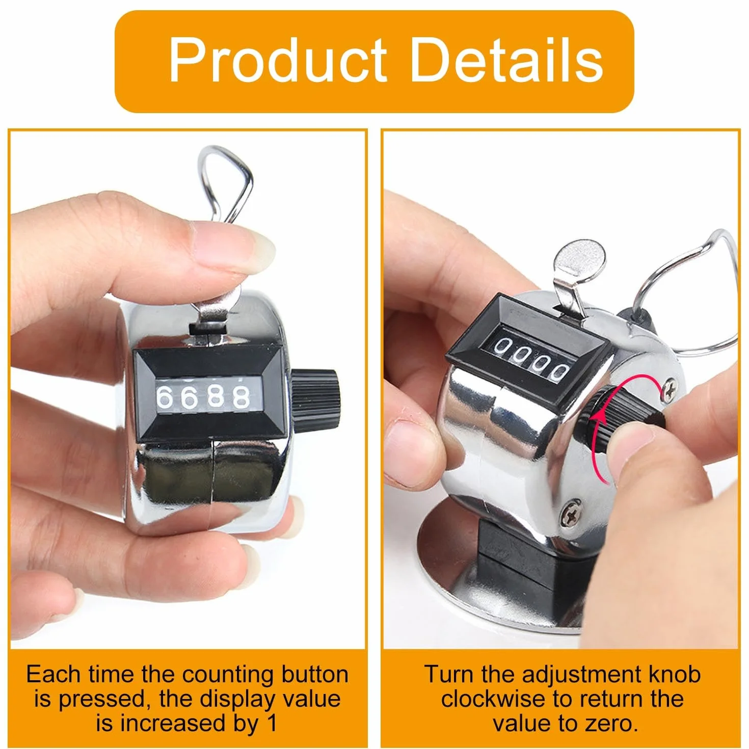 Contador Manual, Contador de clicker de 4 dígitos, Contador de Mano de Metal para Contar, Carcasa de Metal con Anillo, para Sujetar el Dedo, para Golf Sport Coach, Plateado