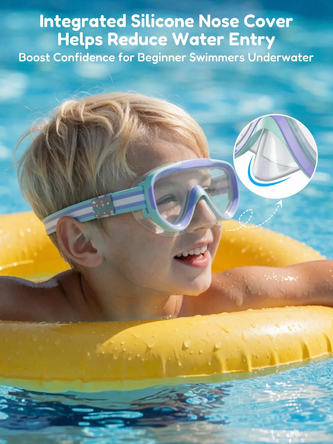 ACURE Gafas de natación para niños y niñas de 3 a 14 años, juego de máscara de esnórquel antivaho con cubierta para la nariz y correa de tela, máscara de buceo para niños en piscina para jóvenes