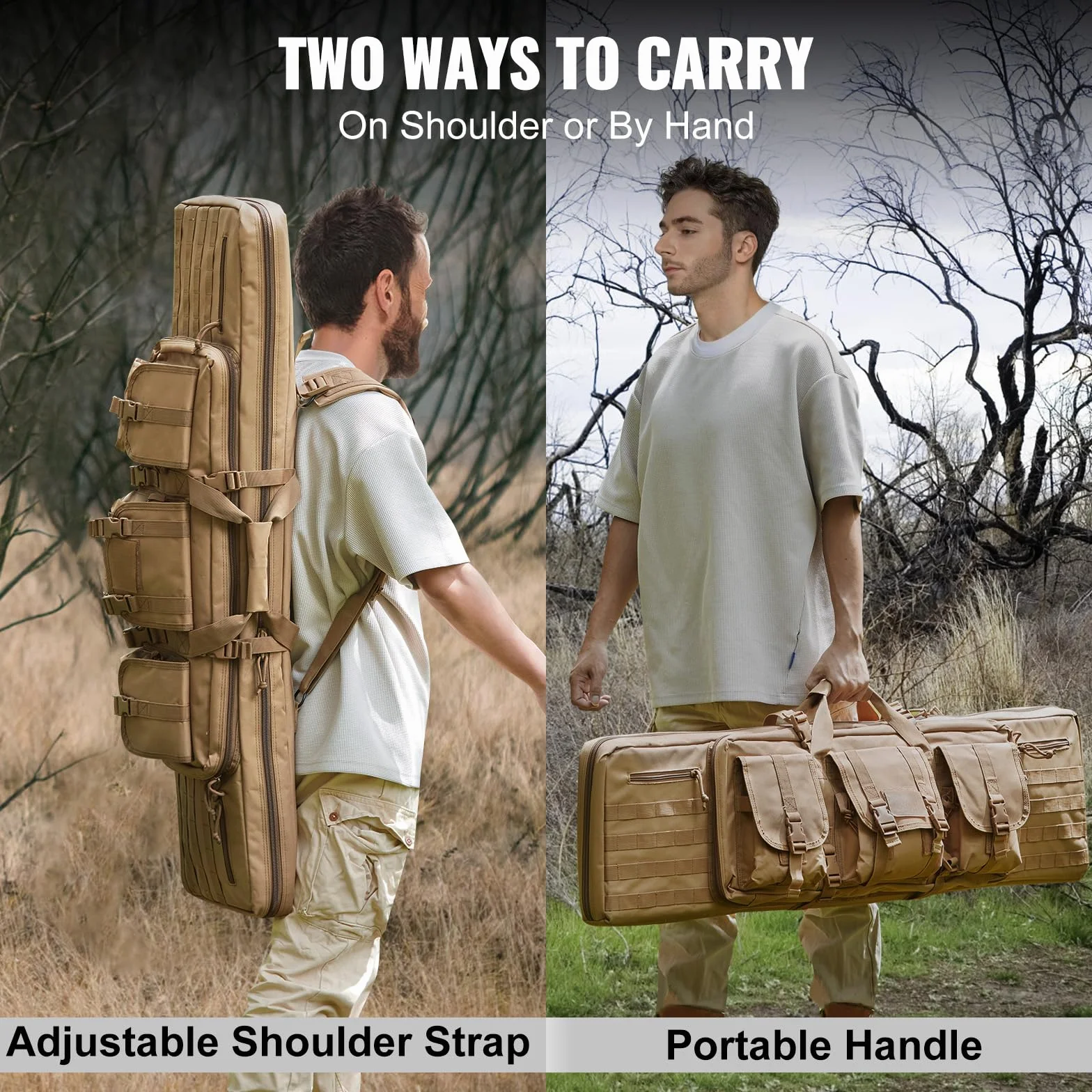 VEVOR Estuche para Rifle Bolsa Táctica Larga para Transporte de Armas 107cm con Sistema MOLLE Funda para Rifle con Correa para Hombro Cremallera con Cerradura para 2 Rifles 102cm y 2 Pistolas, Marrón