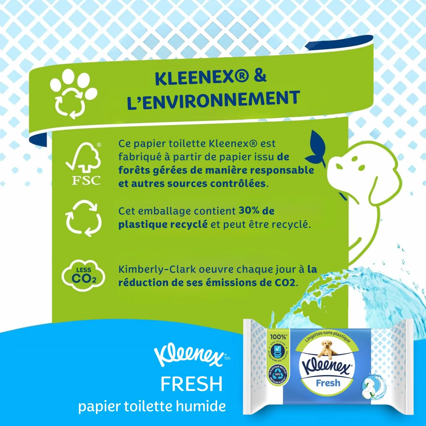 KLEENEX Papel higiénico Fresh Wet 12 paquetes 42 hojas desechable inodoro fibras naturales sin plástico