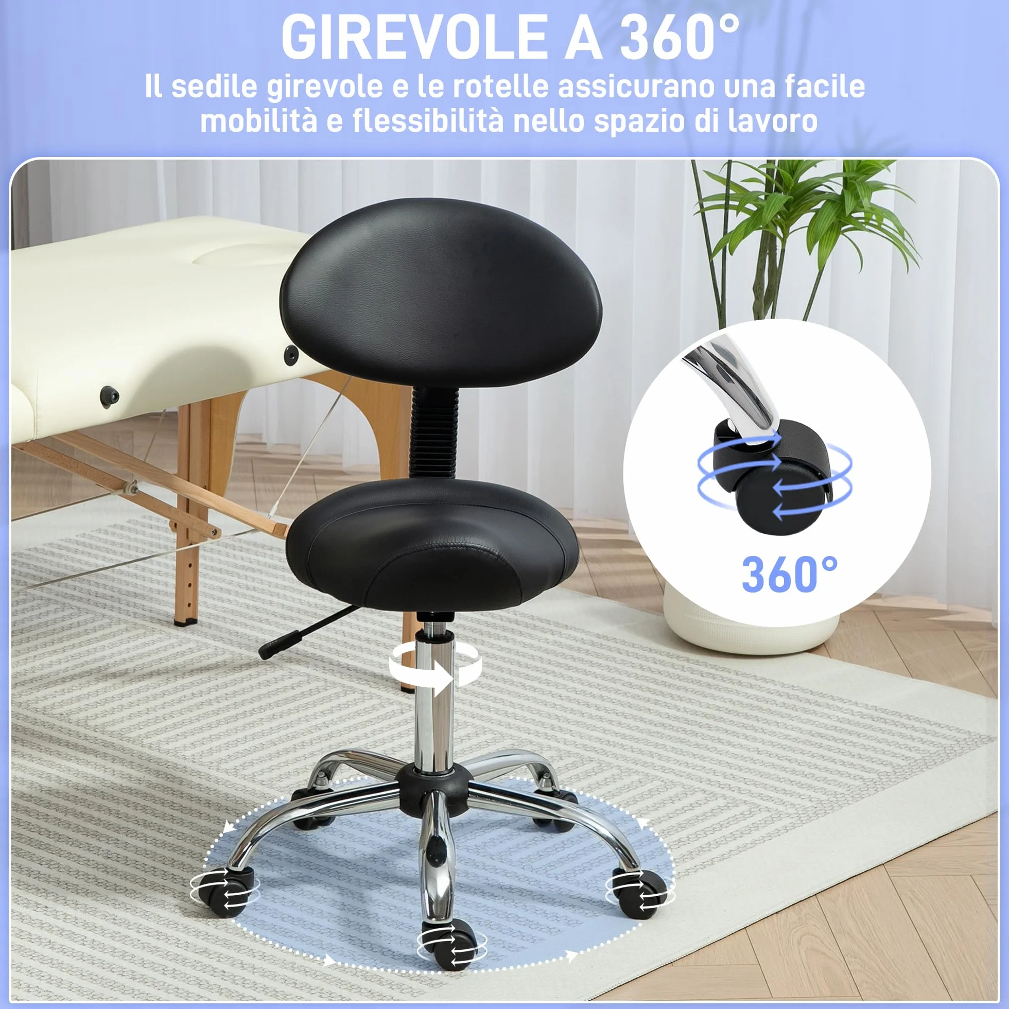 HOMCOM Taburete Giratorio con Ruedas, Respaldo Extraíble, Altura Regulable 83-98 cm, Cuero Sintético, Negro