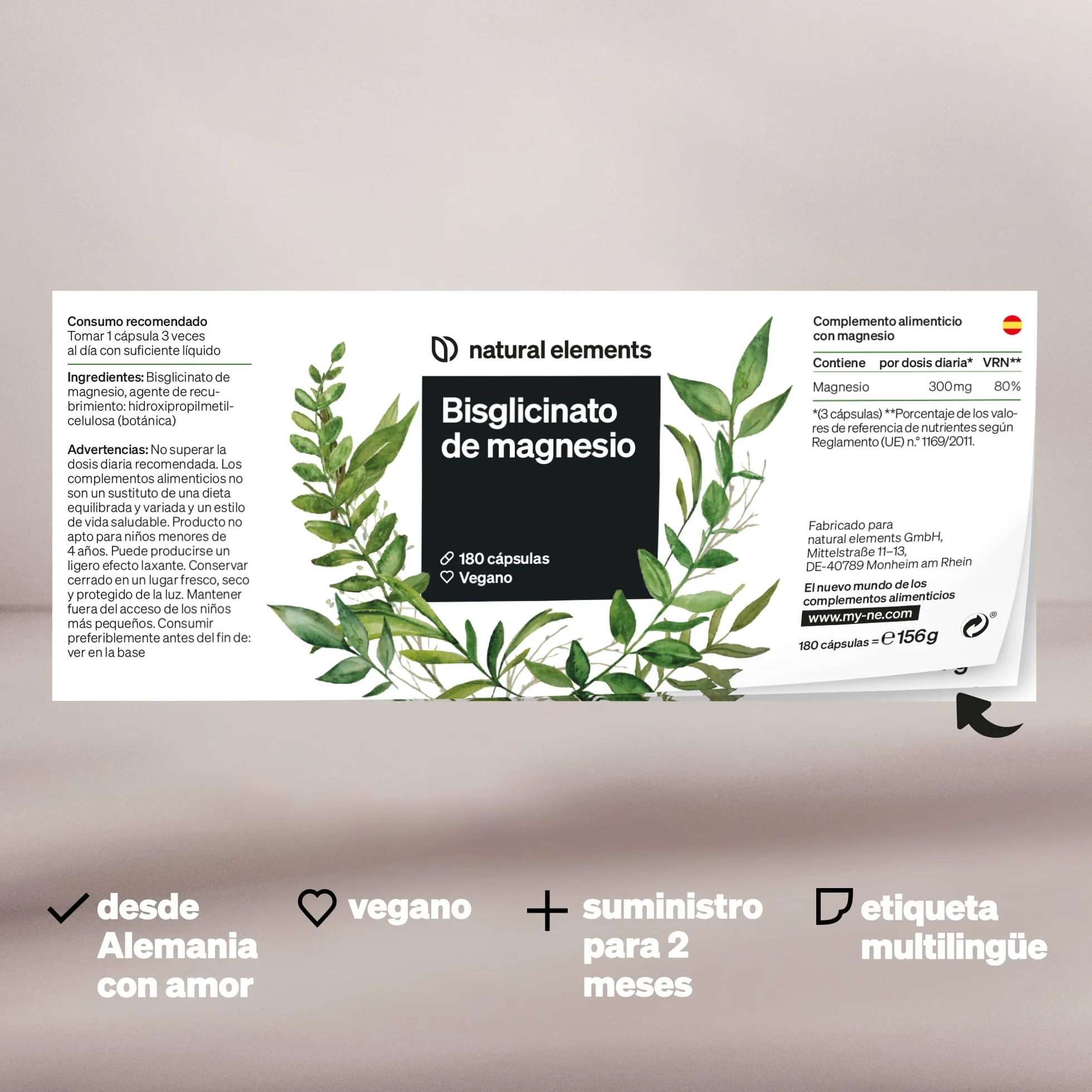 Glicinato de magnesio 300 mg magnesio elemental 180 cápsulas quelado vegano alta dosificación