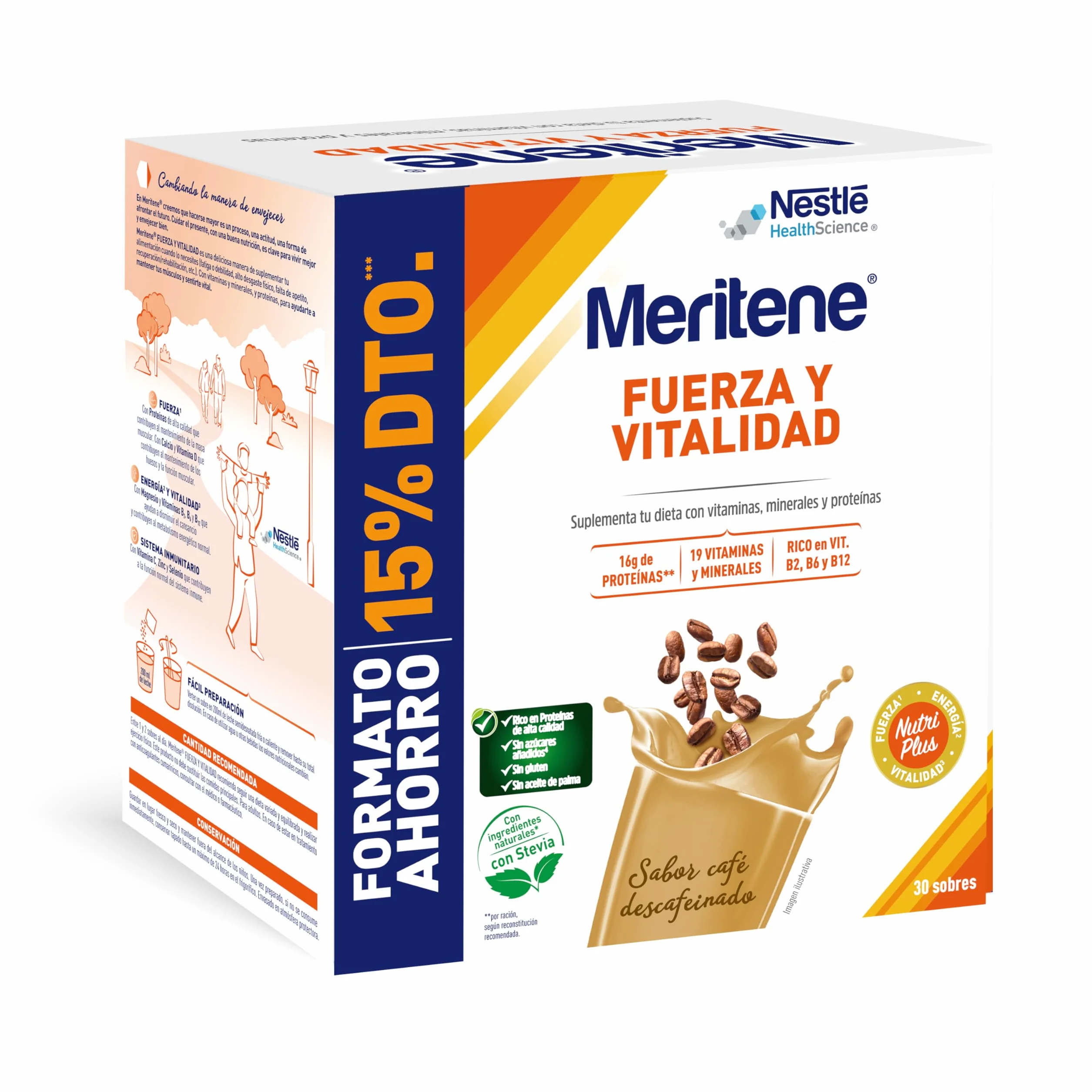 Meritene Fuerza y Vitalidad Batidos Sabor Café Descafeinado Proteínas Vitaminas Minerales 30 Sobres 900 gr