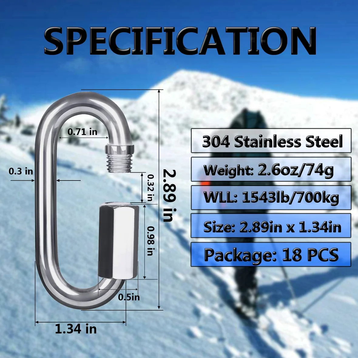 Quick Link - Mosquetón de acero inoxidable 304 en forma de D para senderismo (M8, 18)