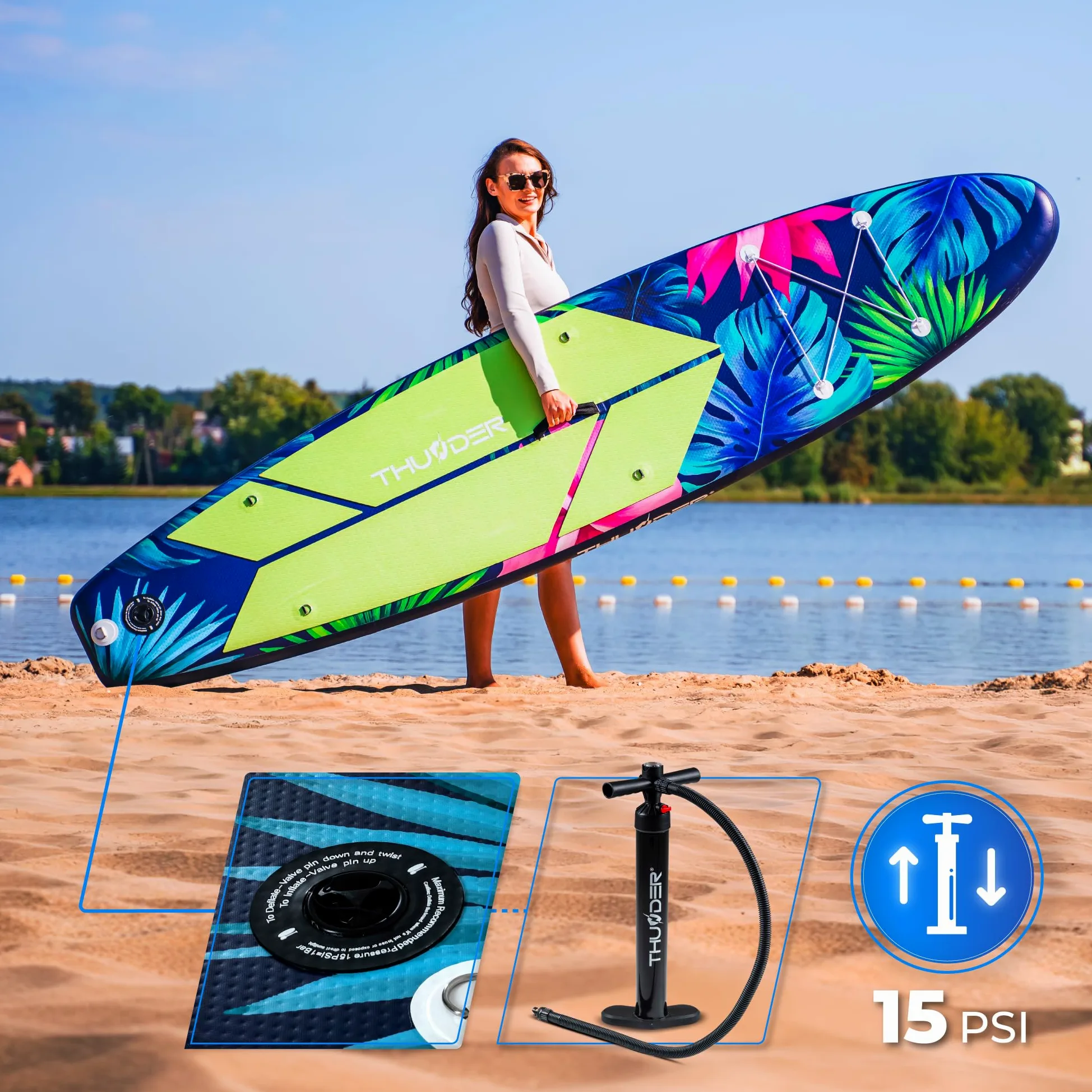 THUNDER Tabla de Sup Inflable de 320 cm con Asiento de Kayak – Set de Stand Up Paddle Board con Bomba, Remo y Mochila – Antideslizante para Adultos y Principiantes