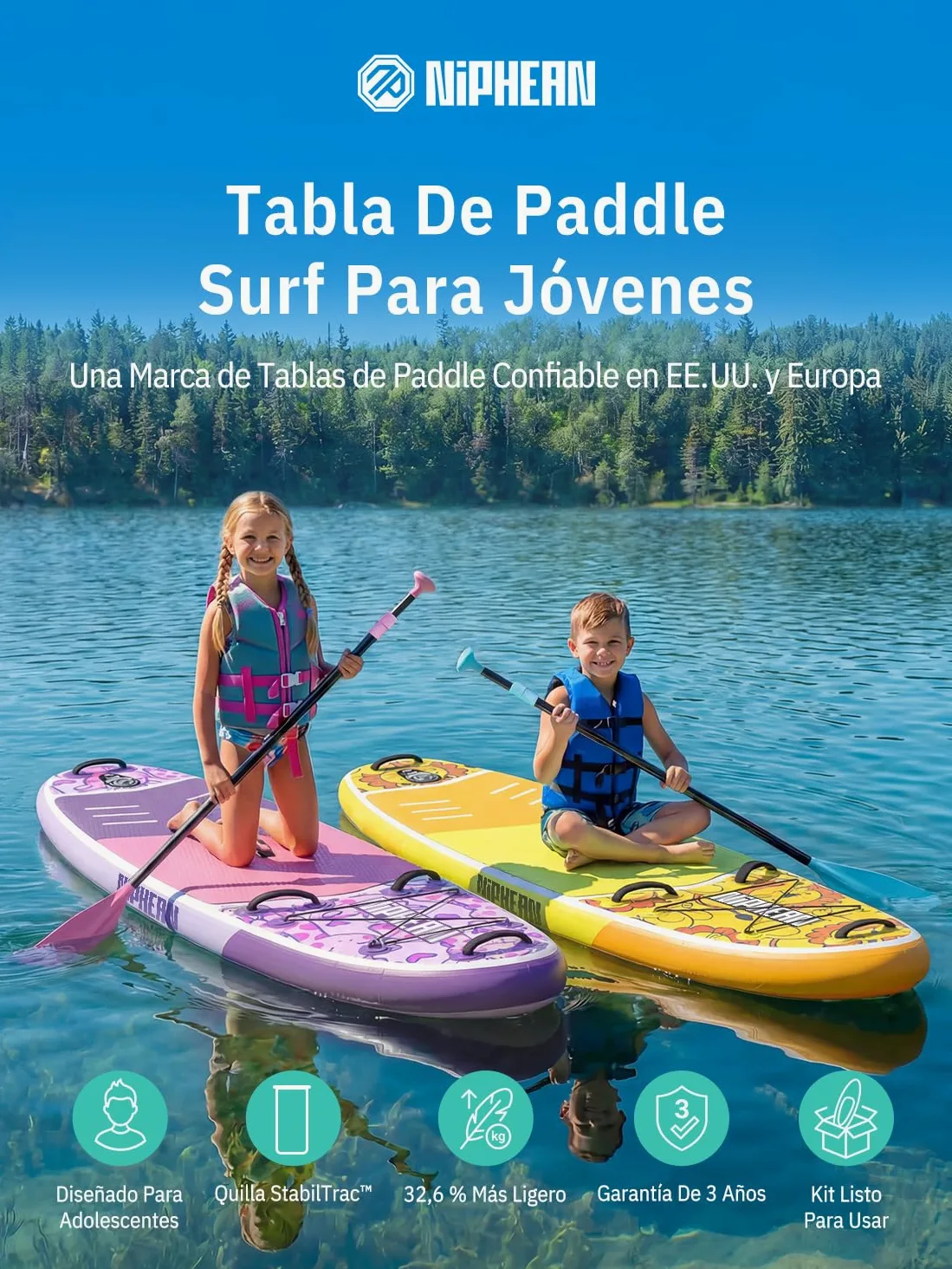 Niphean (Extra Grande) Tabla Paddle Surf Hinchable para 2+1 Personas/Familia, Paddle Surf con (Apto para Principiantes) Aleta Equilibrada, Funda Waterproof, Sup Board para Adultos, Regalo