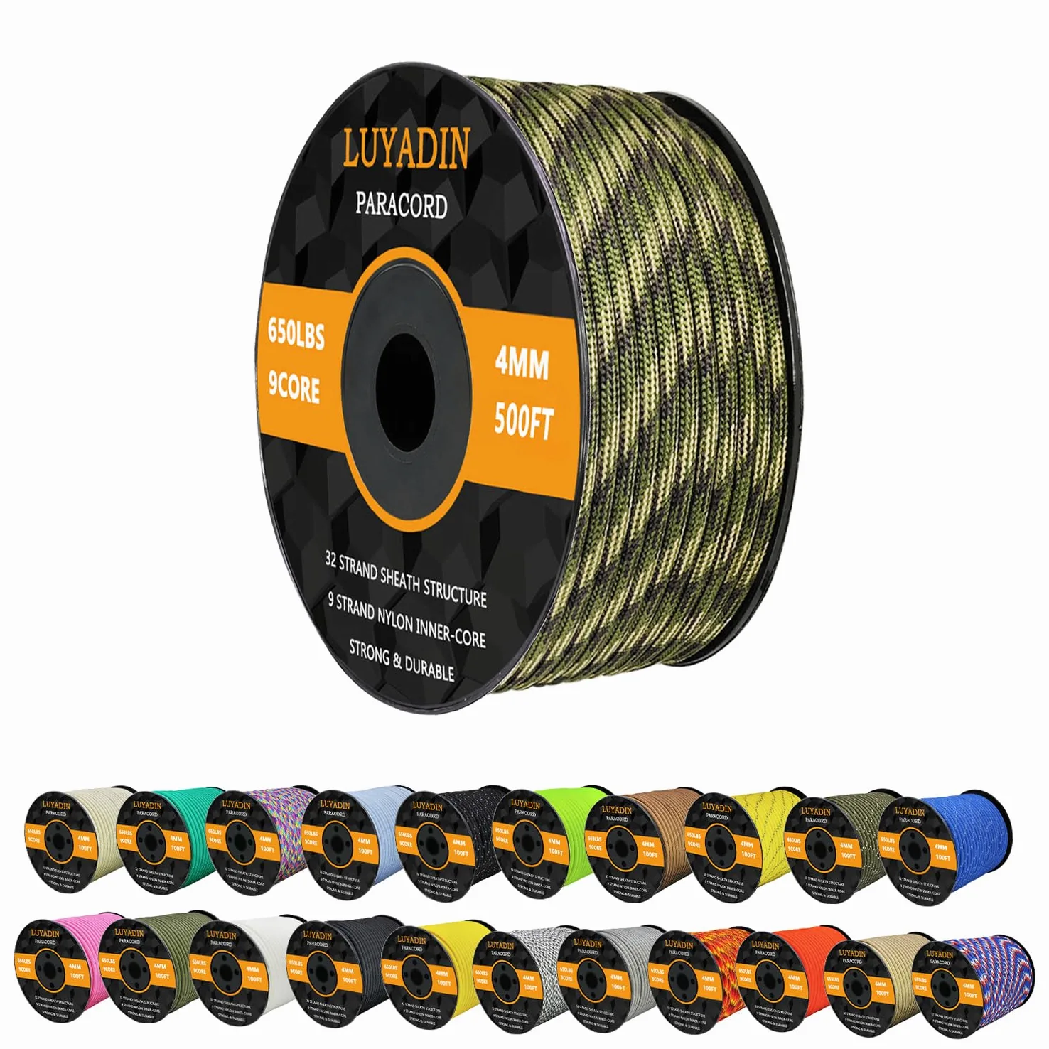 Paracord - Cuerda de paracaídas de 650 libras, 9 hebras, más de 40 colores, 100 pies, 200 pies, 500 pies, 1000 pies, 4 mm, cuerda de paracaídas para camping, senderismo, pesca, al aire libre y
