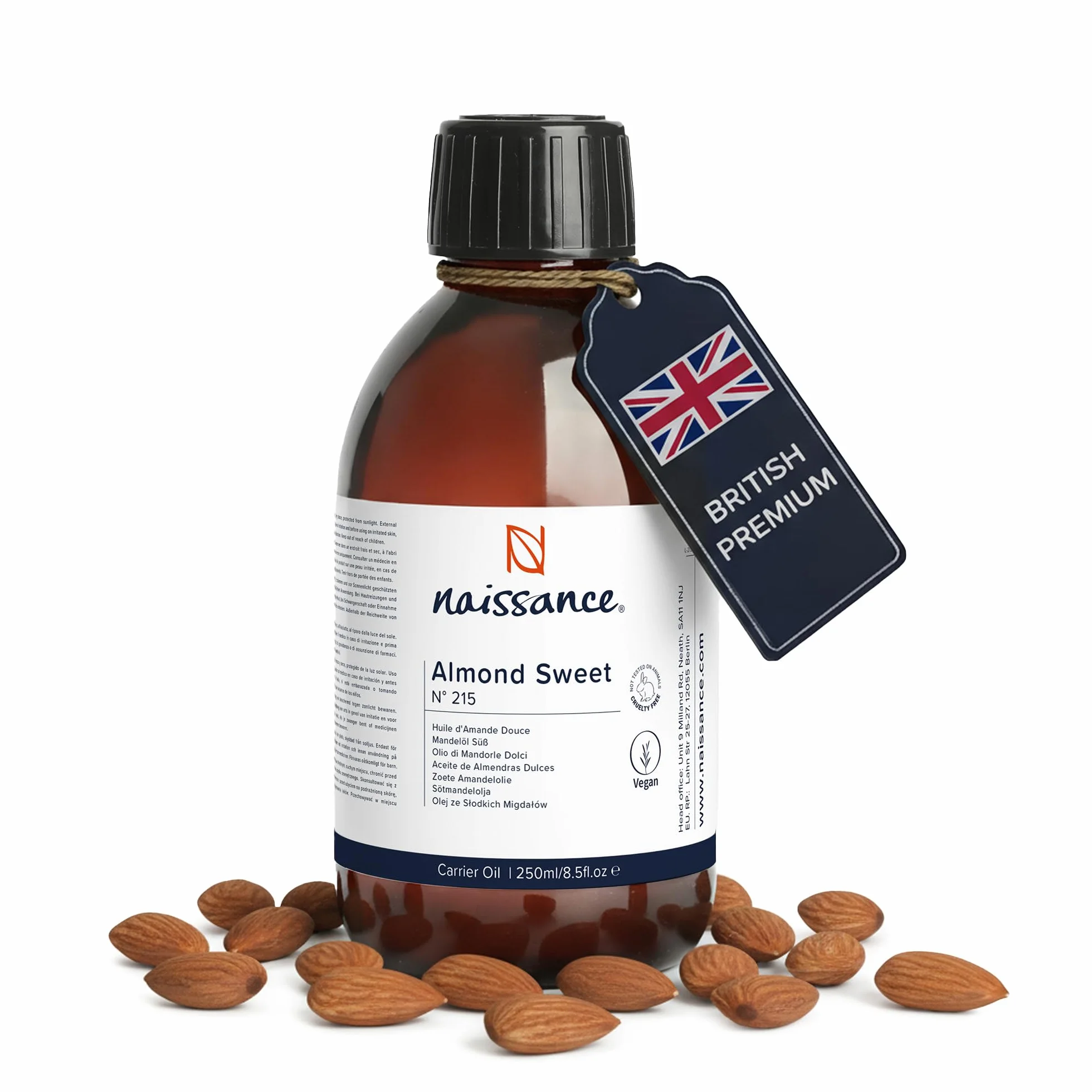 Naissance Aceite De Almendras Dulces Prensado en Frio 250ml - Hidratante y Emoliente para Cuidado de Cara, Pelo, Uñas, Cuerpo