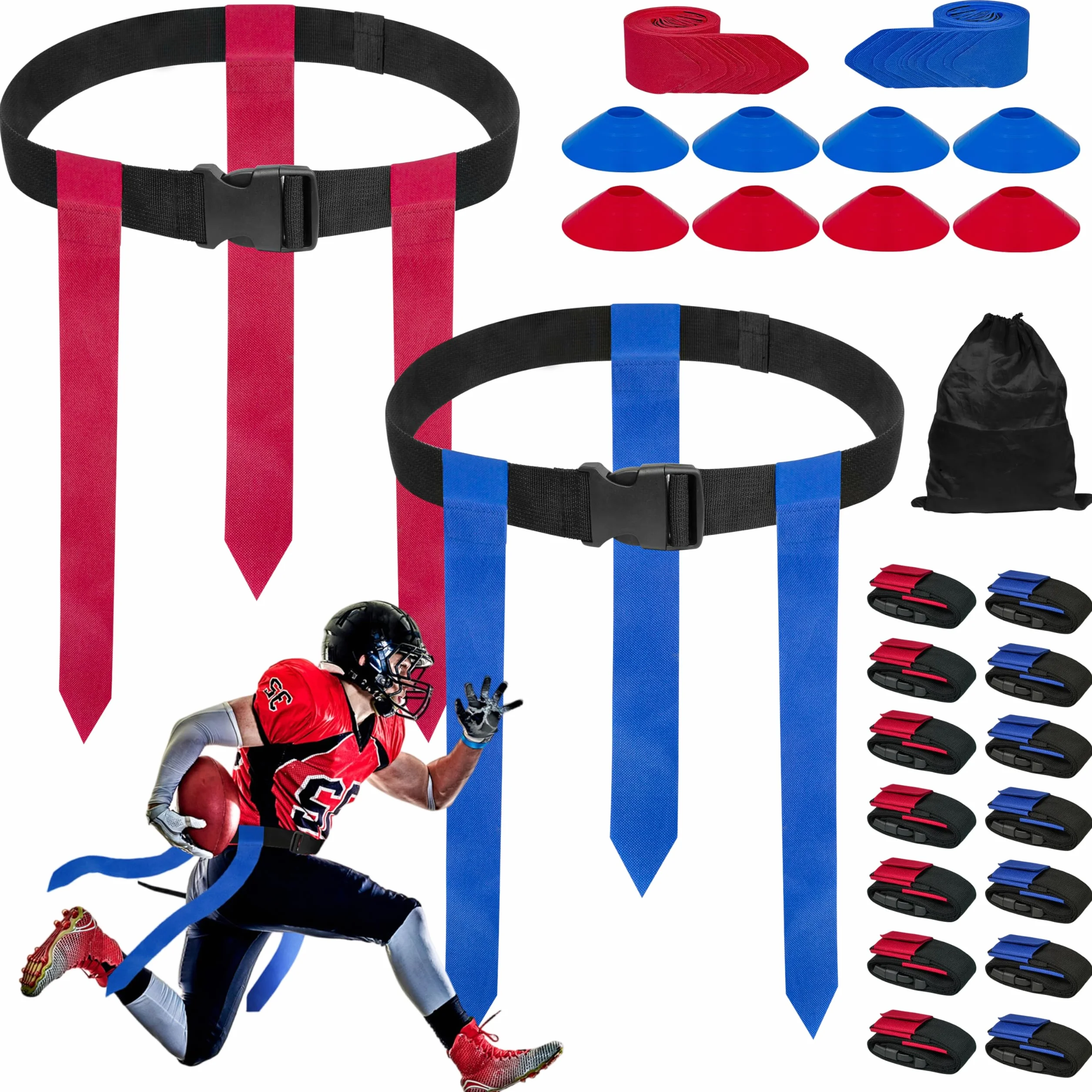 Cinturones de fútbol de bandera, juego de fútbol ajustable para 14 jugadores con 42 banderas, 8 conos de práctica y bolsa, para entrenamiento de niños, jóvenes y adultos