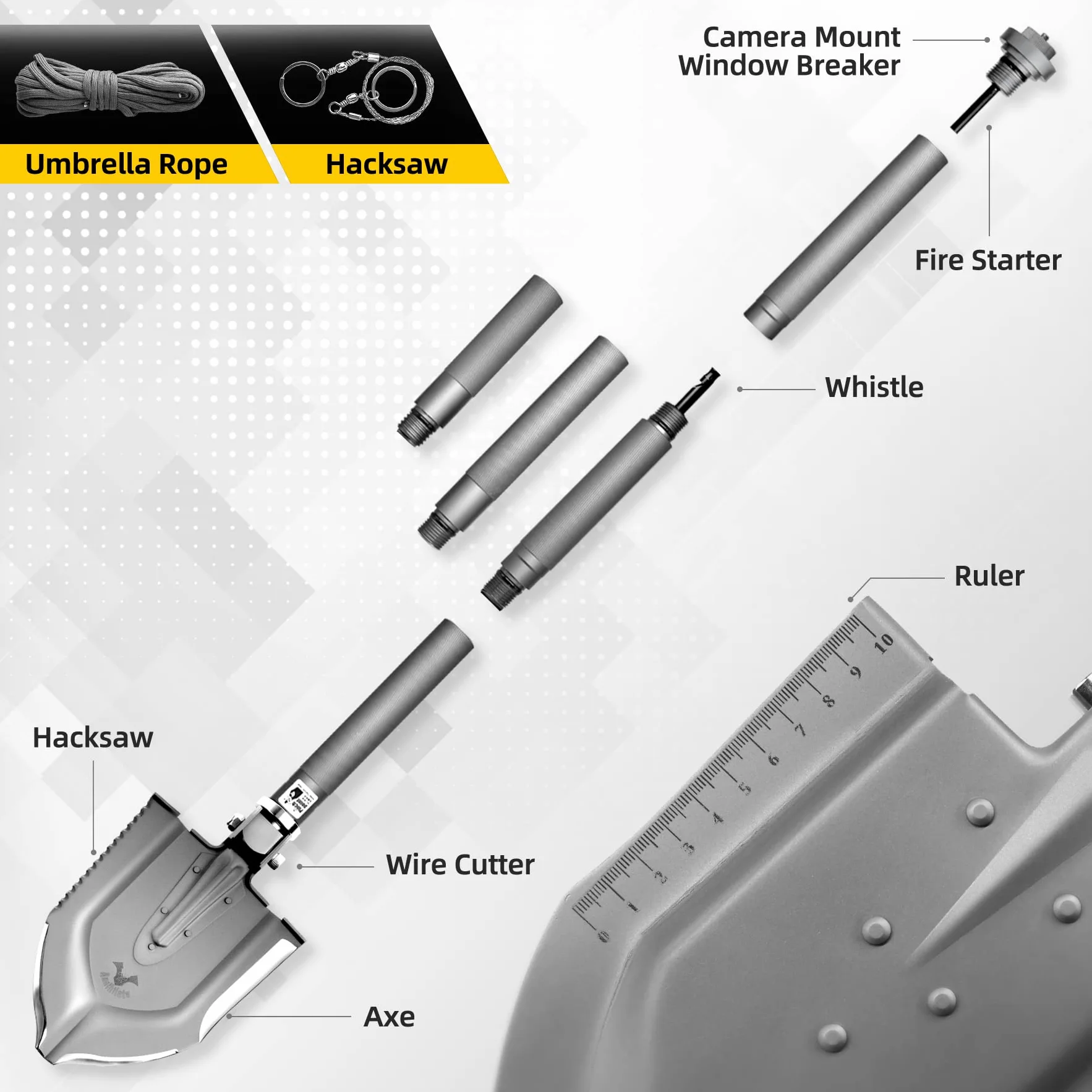 Zune Lotoo Pala Plegable, Pala Camping Multifuncional de Acero al Carbono, Pala Multiusos Portátil 18 en 1 con 3 Ángulos Ajustables para Camping, Senderismo, Jardín, al Aire Libre, Annihilate F1