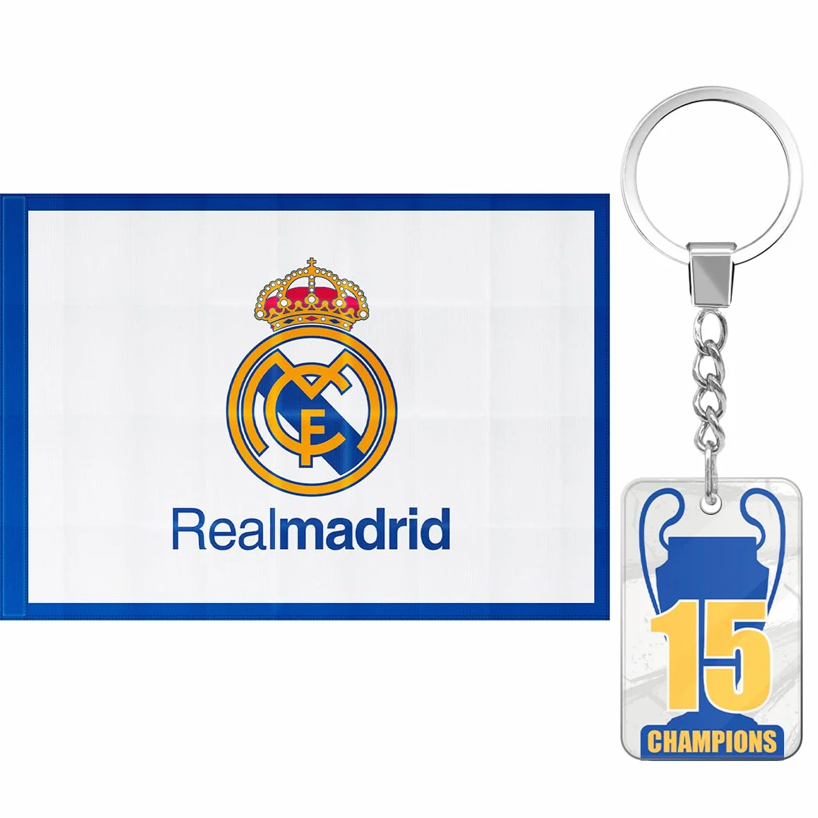 Bandera oficial del Real Madrid Club de Fútbol | 150 x 100 cm - Bordes Azules con escudo en el centro | Producto Oficial