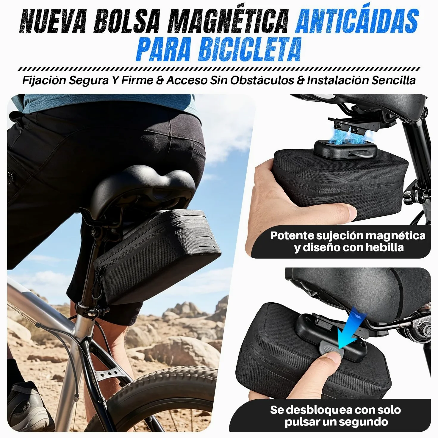 WOTOW Bolsa de Sillín para Bicicleta - Bolsa Bajo Asiento Impermeable de 0,64 L con Cremallera, Hebilla Magnética de Liberación Rápida y Soportes de Montaje para Bicicletas de Carretera y Montaña