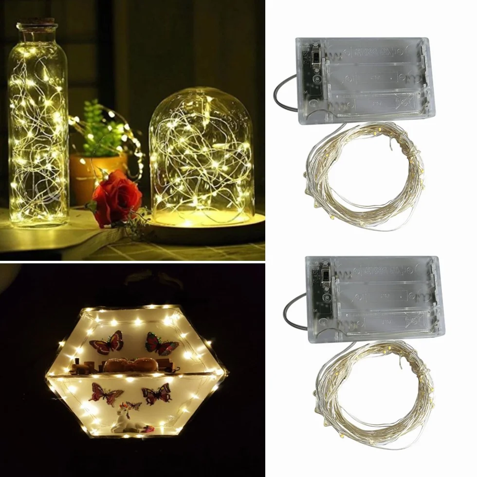 Guirnalda luces pilas 2 Modo Plata Alambre Cadenas 5 metros 50 leds Blanco Cálido para Decoración