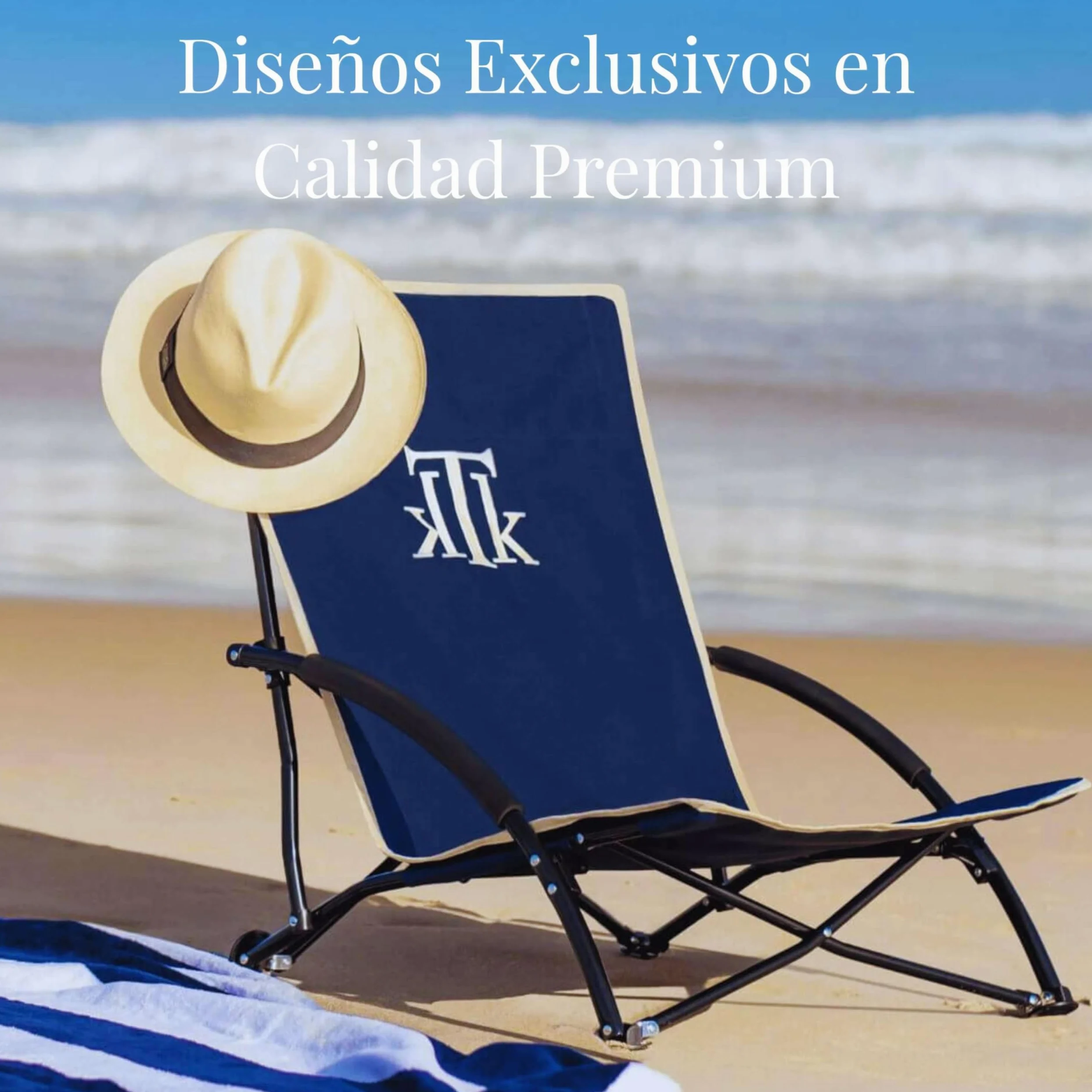 kTk KONTIKI Silla Playa Plegable Premium Ligera 2,9 kg con Bolsa | Diseño Elegante y Exclusivo | Silla Ligera para Jardín, Piscina y Exterior | Azul Marino | Confort y Estilo