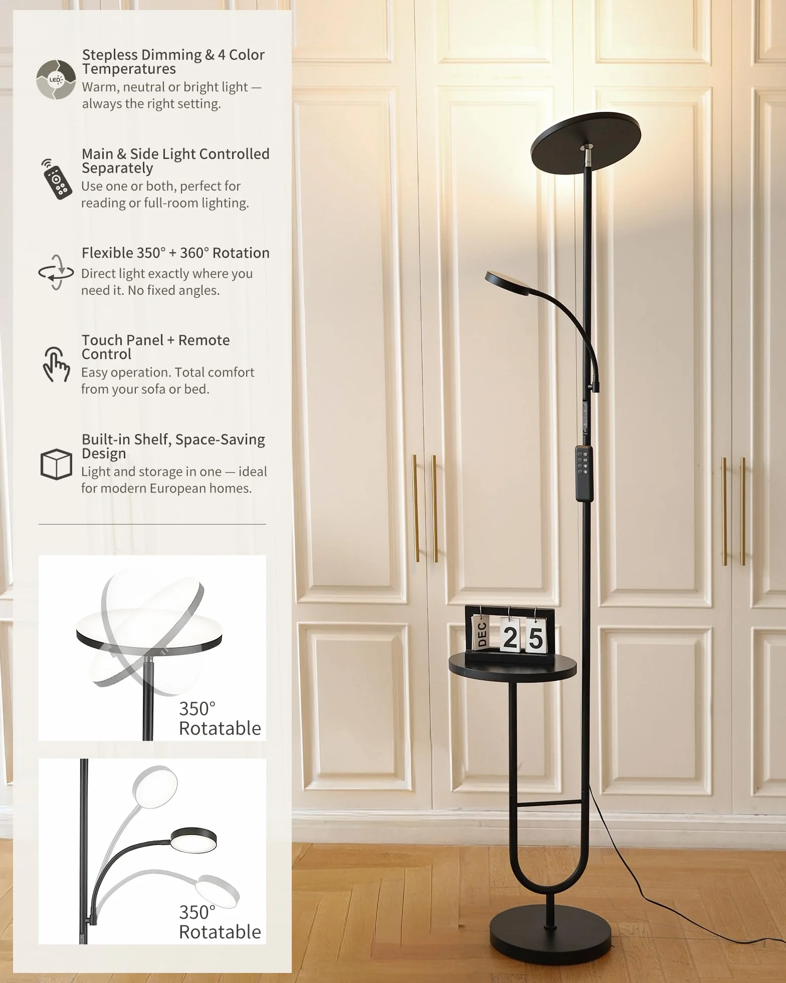 Lámpara de Pie LED 36W+7W Regulable 3200LM+600LM con Mando Cabezal Giratorio 350° 2700K-6500K Negra