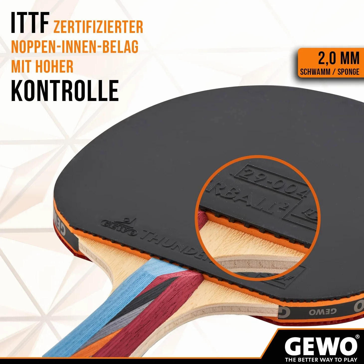 GEWO SMASH Tischtennisschläger - ITTF genehmigter Allroundschläger für Kinder, Wettkampf-Komplettschläger mit kontrolliertem Thunderball 2 Belag und hohen Rotationseigenschaften, konkav, 2,0mm Schwamm
