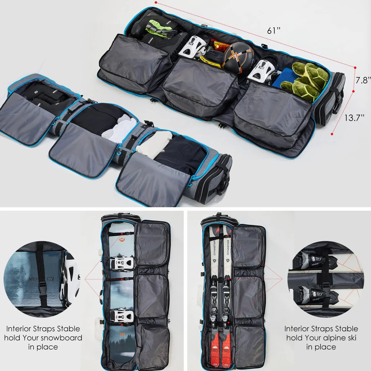 XCMAN Bolsa de Snowboard Acolchada con Ruedas Ajustable 63-75 Pulgadas 100L