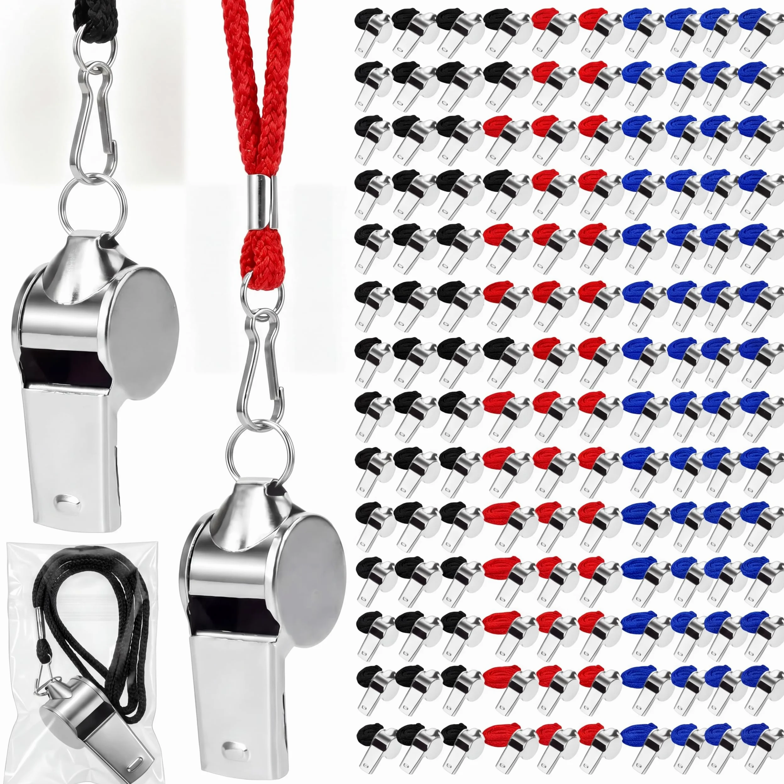 Kingdder 100 silbatos de árbitro de metal a granel para entrenadores para adultos con cordón de acero inoxidable, silbato deportivo de emergencia para profesores, policías, deportes escolares (negro,