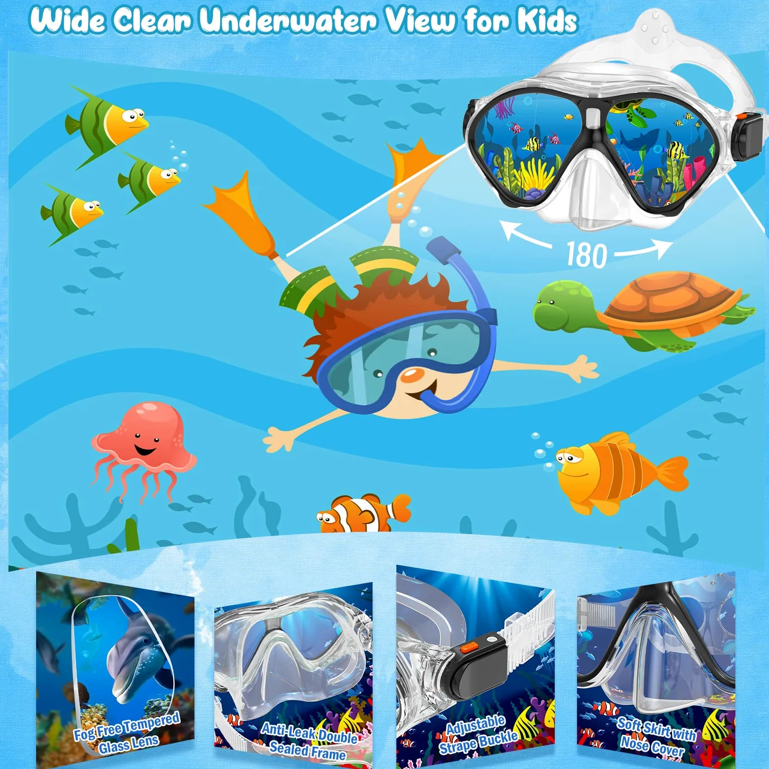Seovediary Juego de esnórquel para niños, aletas de máscara, equipo de esnórquel para niños, gafas de natación antivaho, vista panorámica de 180 grados, esnórquel y aletas de buceo con bolsa de viaje