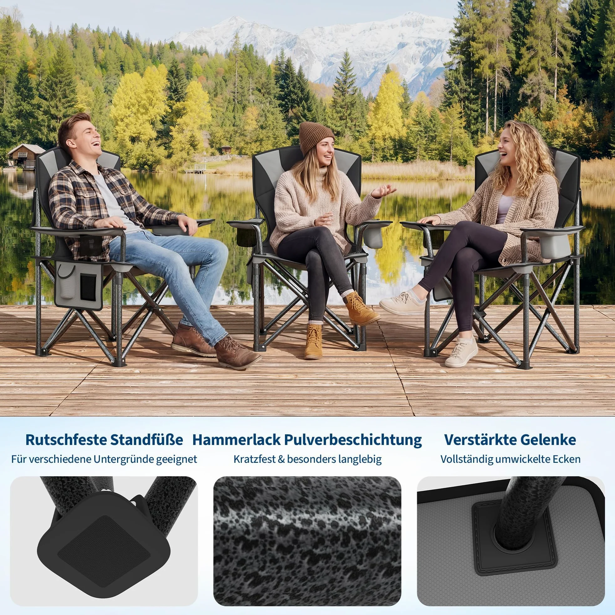 GarveeTech Sillas De Camping Plegables XXL para Adultos | Alta Resistencia y Máximo Confort - Respaldo Acolchado Alto - Soportan Hasta 200 kg - Con Portavasos, Bolsa Térmica y Bolsill